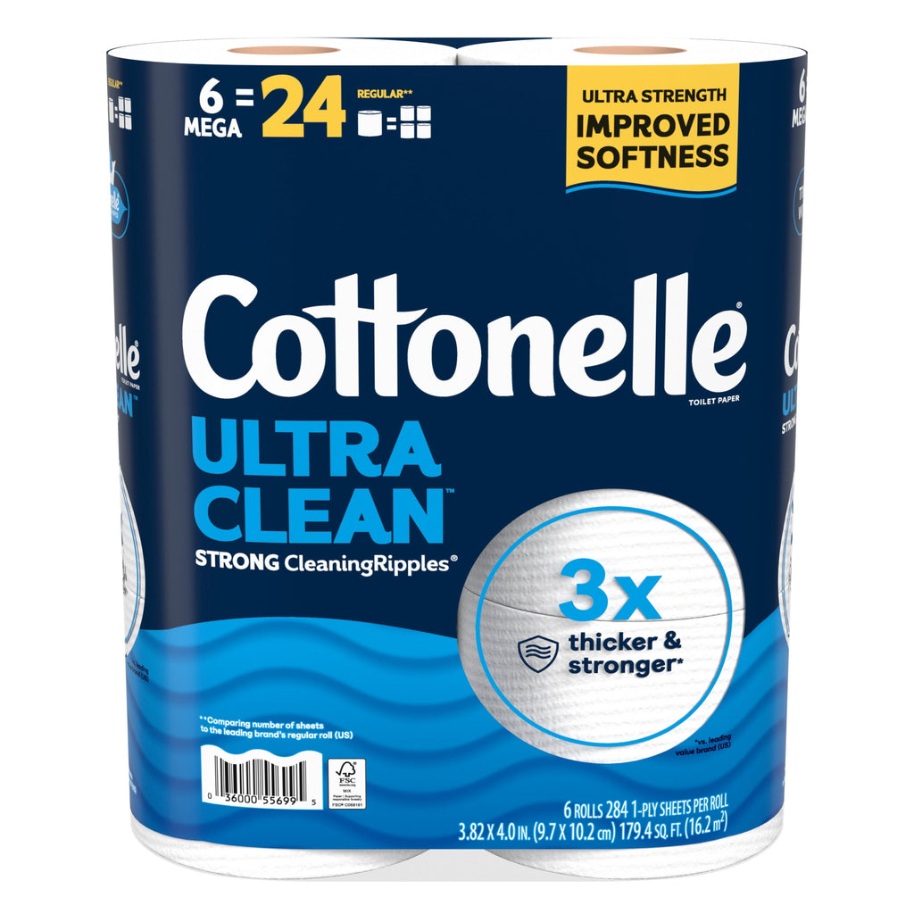 Cottonelle Ultra Clean Toilet Paper, Strong Toilet Tissue, 12 Mega Rolls