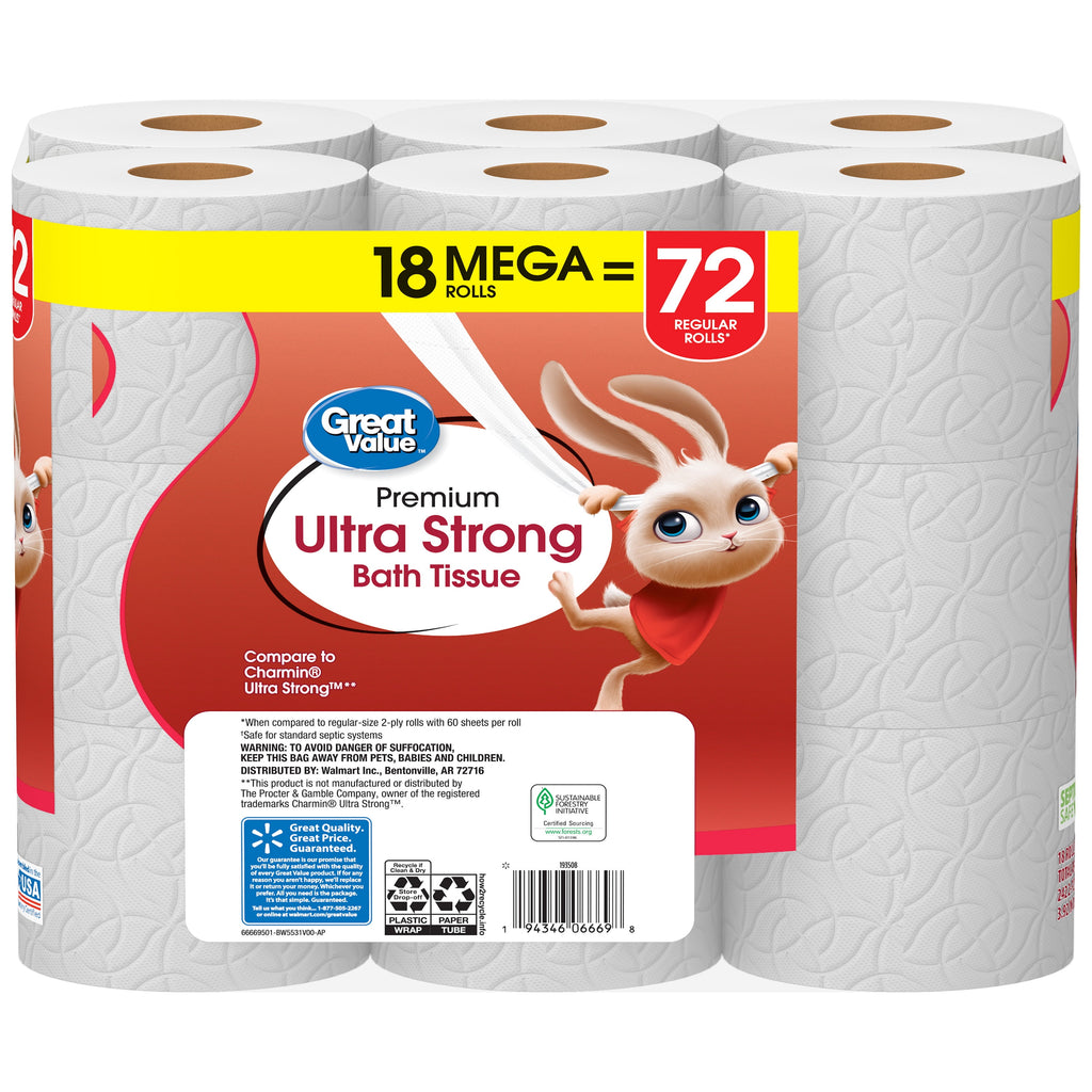 Great Value Ultra Strong 2-Ply Toilet Paper, 6 Mega Rolls, Compare to Charmin® Ultra Strong™