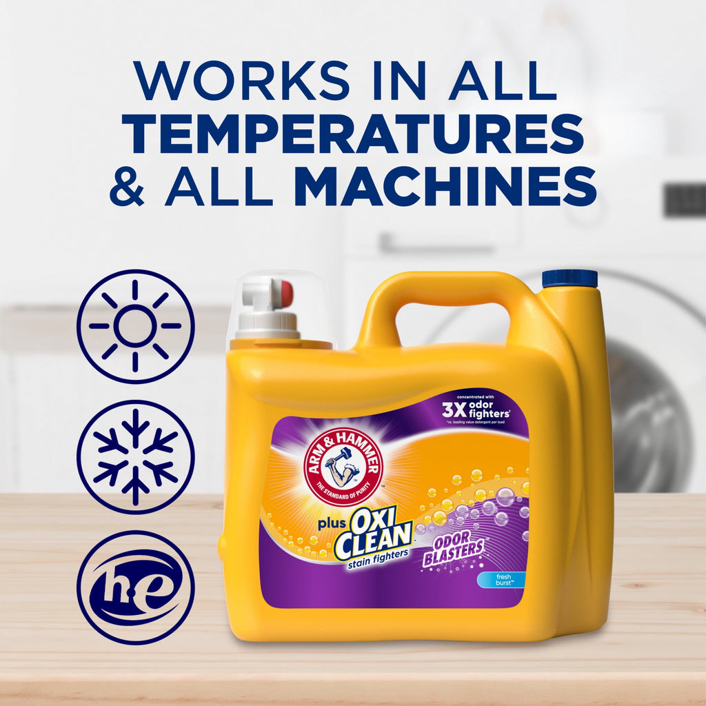 ARM & HAMMER Plus OxiClean with Odor Blasters Liquid Laundry Detergent, Fresh Burst, 200.2 Fl Oz