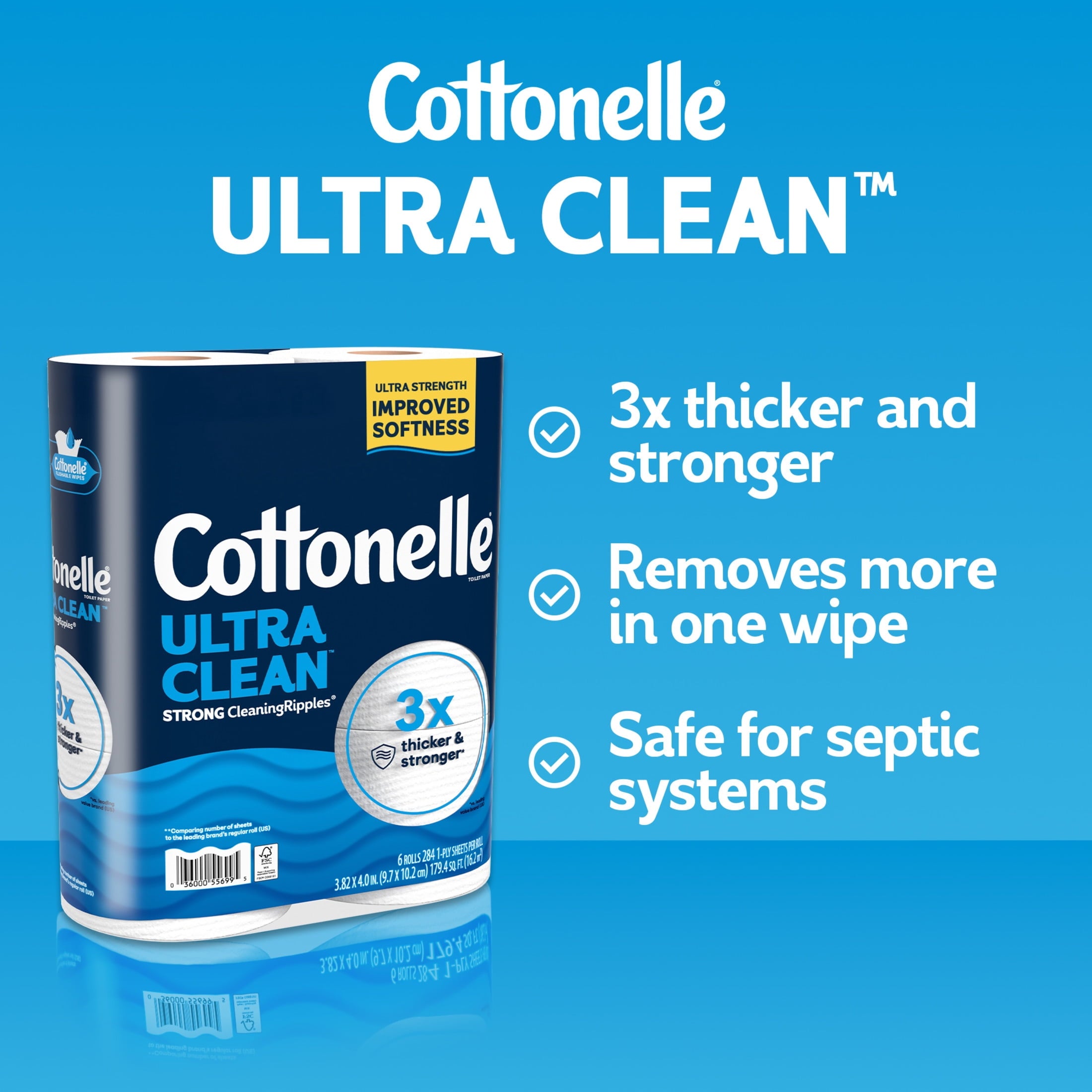 Cottonelle Ultra Clean Toilet Paper, Strong Toilet Tissue, 12 Mega Rolls