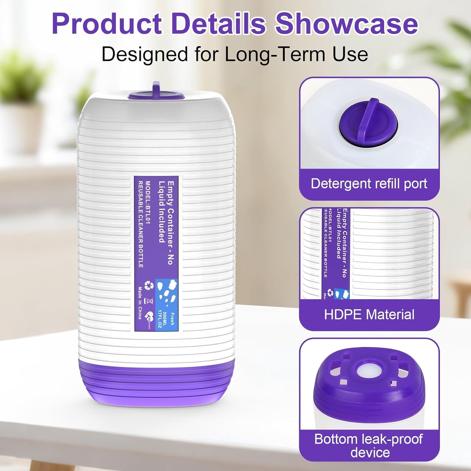 Sunbat Reusable Mop Refill Bottle, 500ML / 17 FL.OZ Container, with 6 Leak-Proof Seal & 1 Funnel