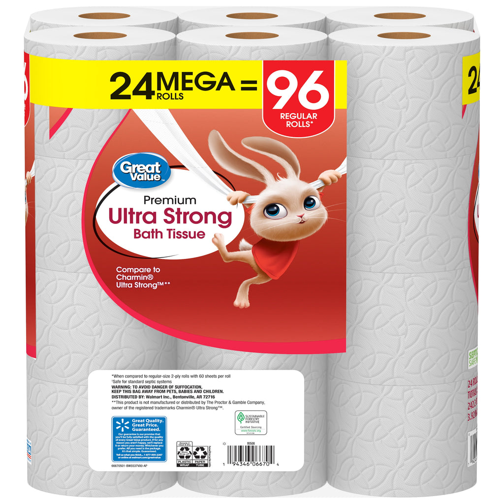 Great Value Ultra Strong 2-Ply Toilet Paper, 6 Mega Rolls, Compare to Charmin® Ultra Strong™
