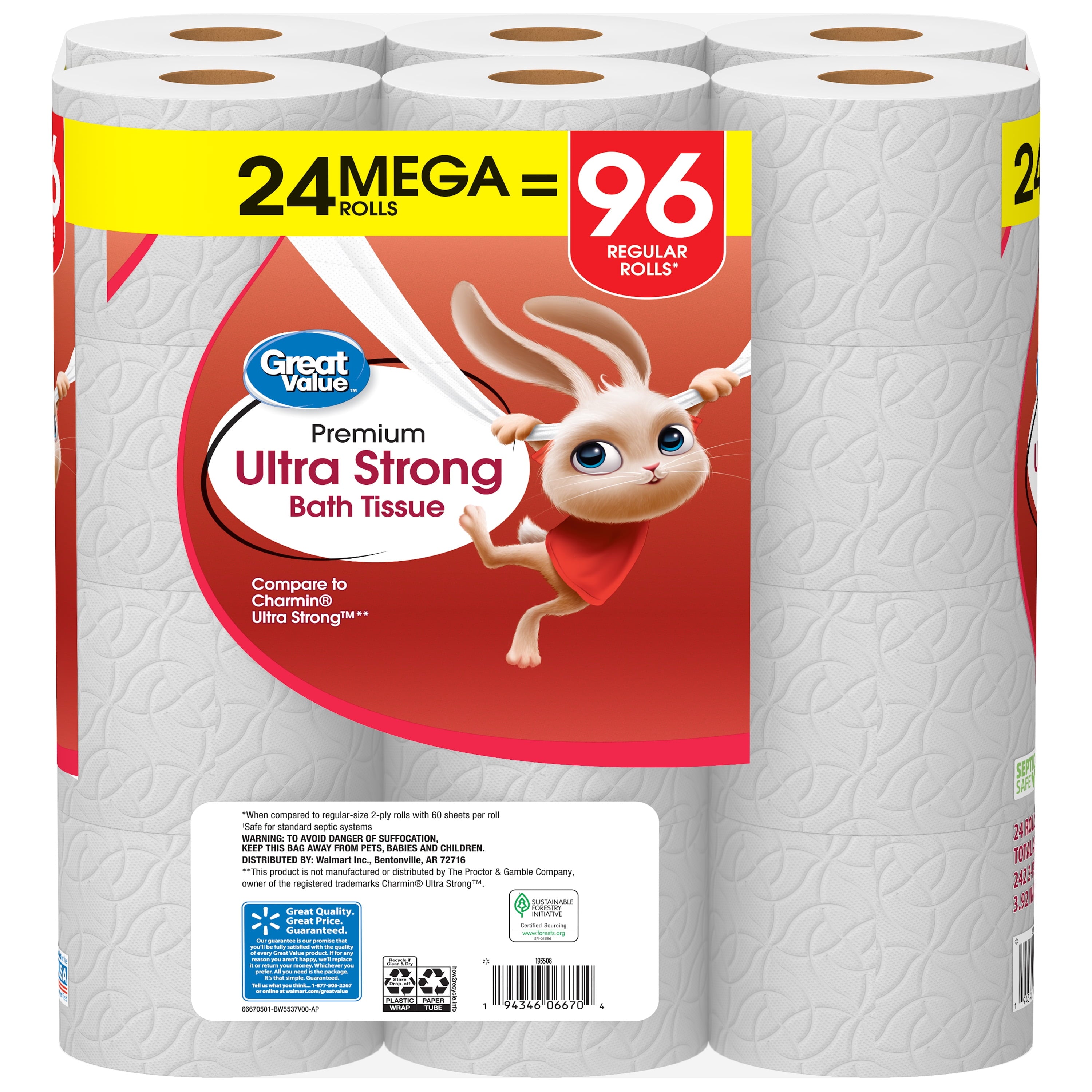 Great Value Ultra Strong 2-Ply Toilet Paper, 6 Mega Rolls, Compare to Charmin® Ultra Strong™