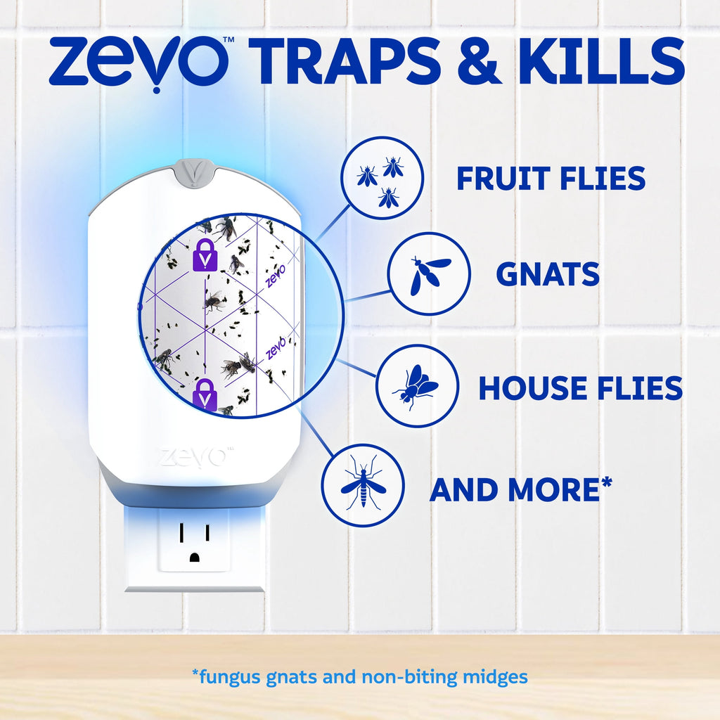 Zevo Flying Insect Indoor Fly Trap Full Size: Easy, Mess-Free Solution - Light Trap Catches & Kills House Flies, Fruit Flies, Gnats, & More (1 Plug in Device & 1 Cartridge)