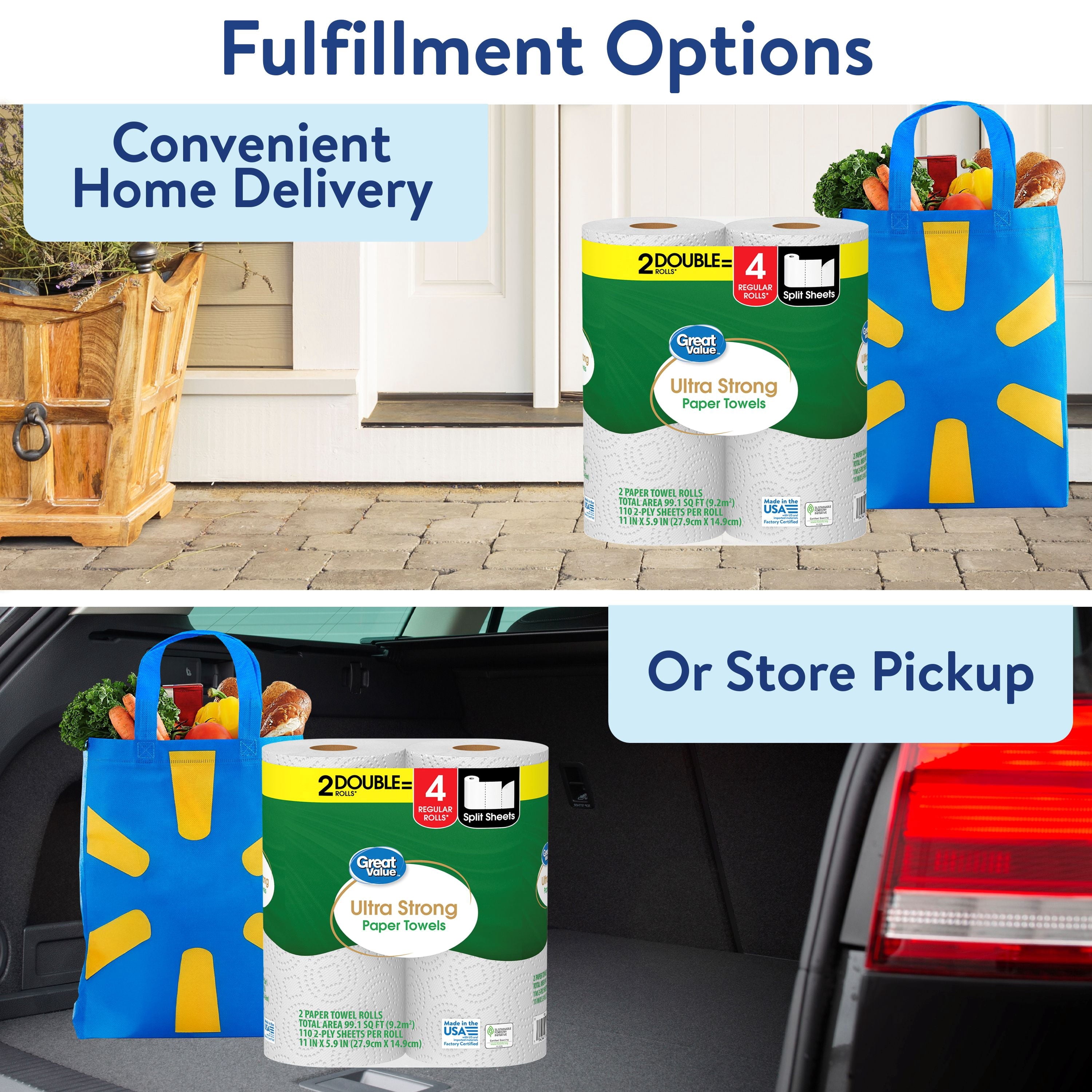 Great Value Ultra Strong Paper Towels, White, 12 Double Rolls, 1320 Sheets