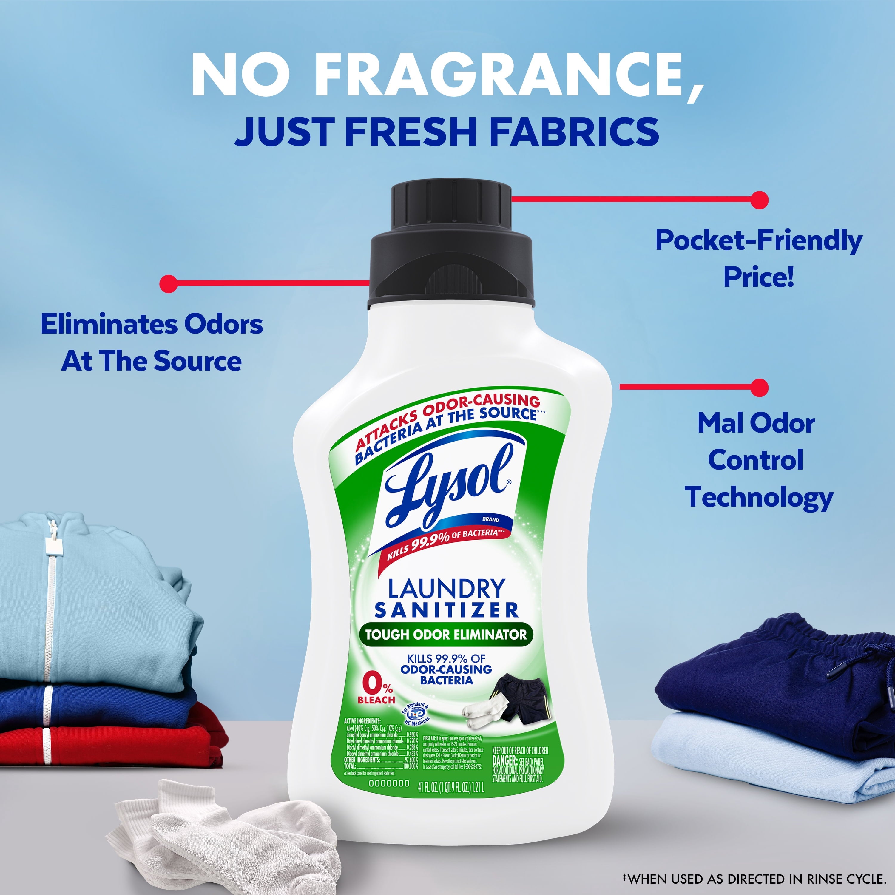 Lysol Tough Odor Eliminator Laundry Sanitizer Additive, 0% Bleach, Eliminates Odor Causing Bacteria, 41 fl oz