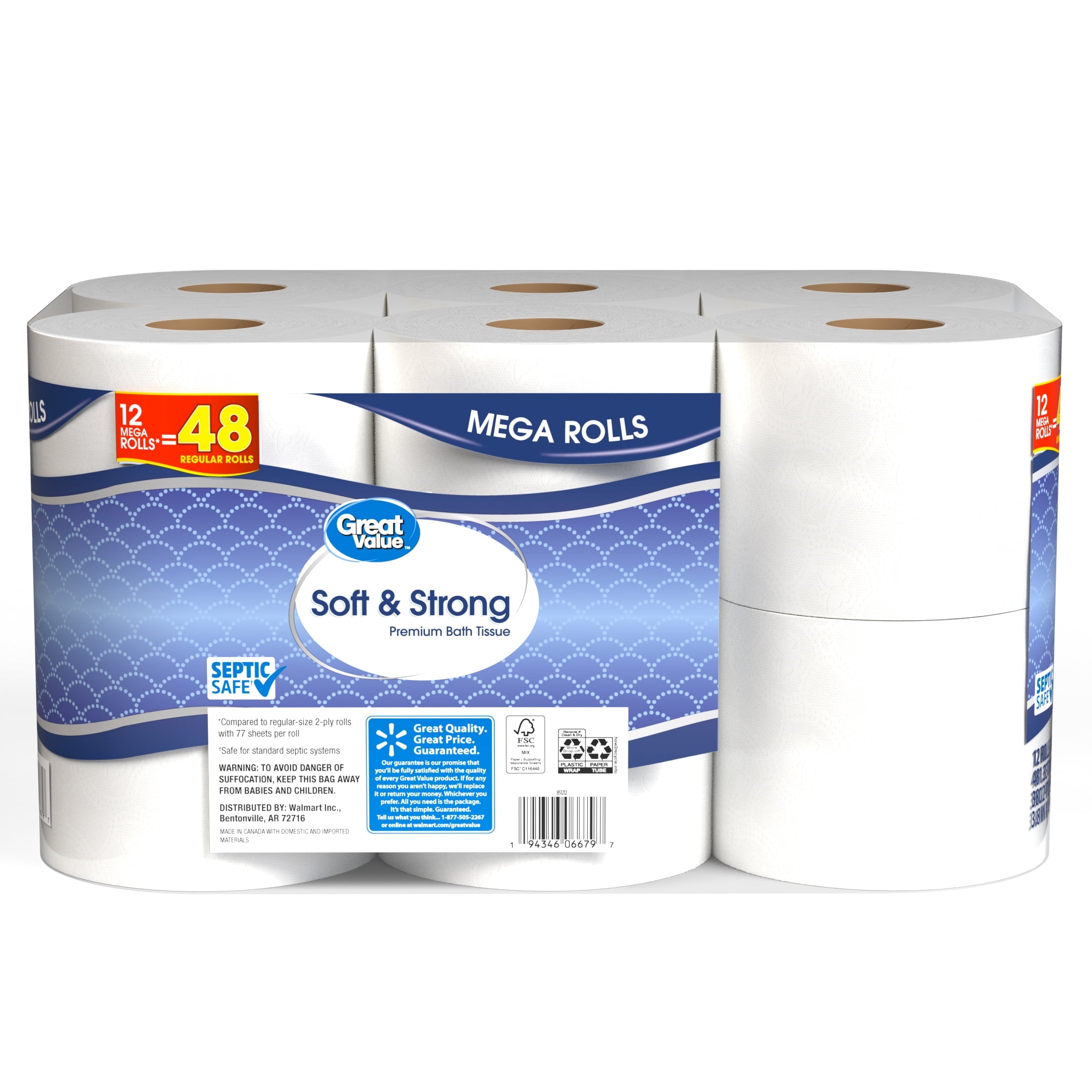 Great Value Soft & Strong Toilet Paper, 12 Mega Rolls, 380 Sheets per Roll