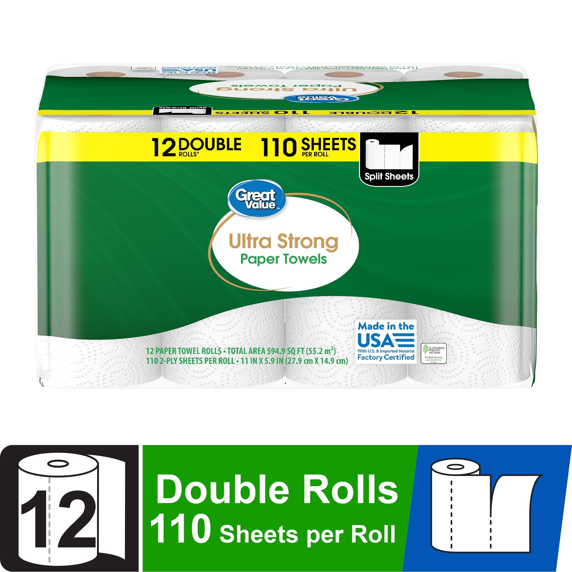 Great Value Ultra Strong Paper Towels, White, 12 Double Rolls, 1320 Sheets