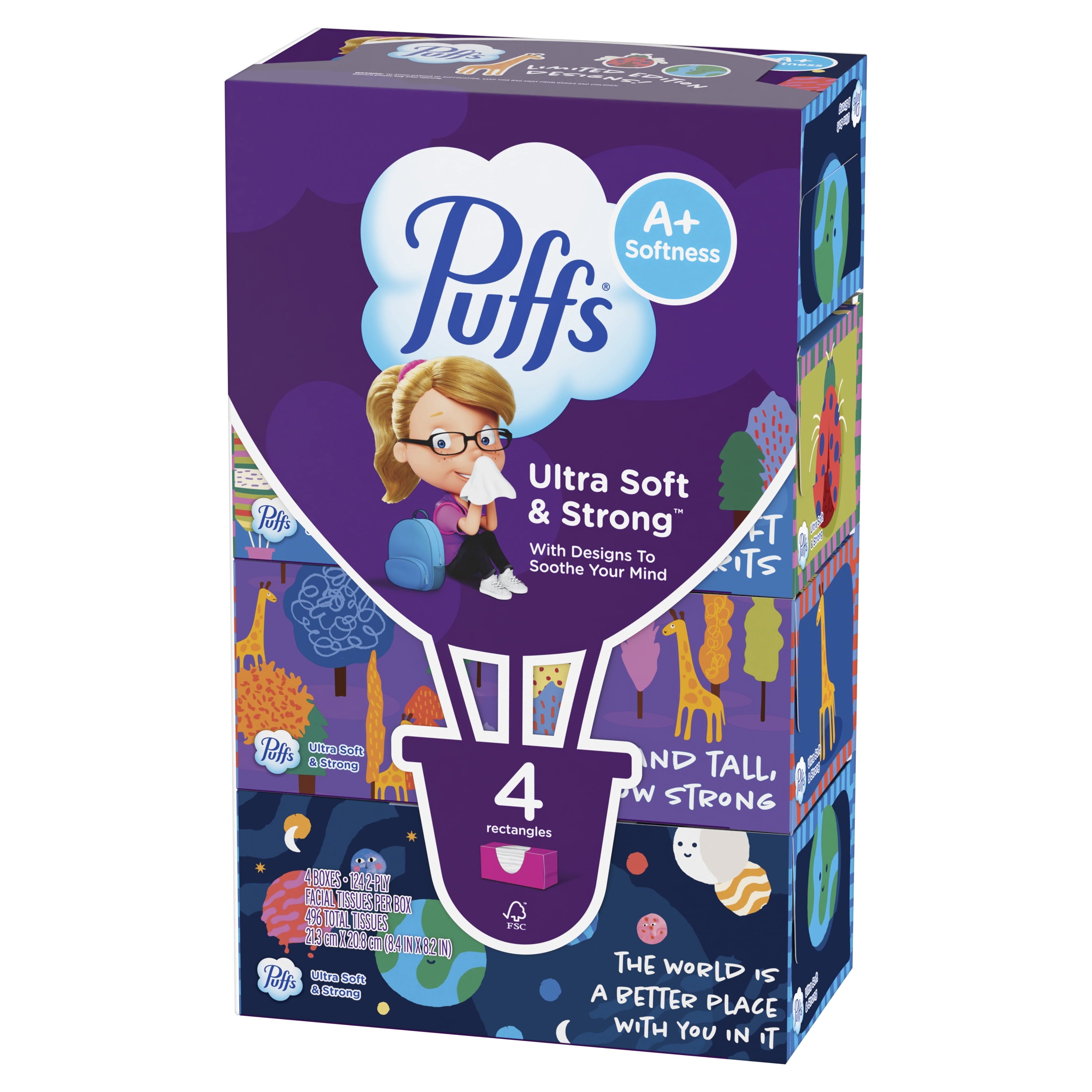 Puffs Ultra Soft Facial Tissues, Back-to-School Exclusive, 4 Rectangle Boxes, 124 Facial Tissues Per Box