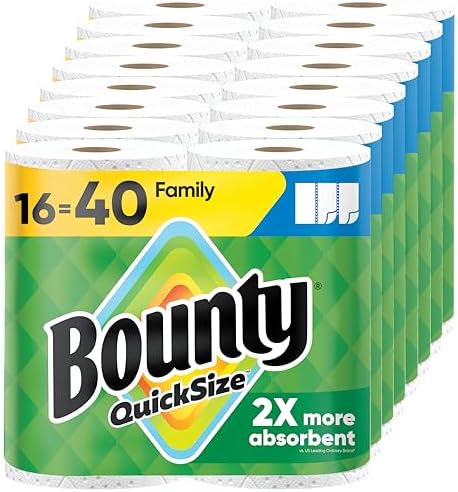Bounty Paper Towels Quick Size, White, 16 Family Rolls = 40 Regular Rolls