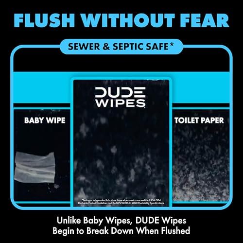 DUDE Wipes Unscented Flushable Wipes - Extra-Large Adult Wet Wipes for Sensitive Skin - 6 Pack (288 Count) - Infused with Vitamin E and Aloe - Septic and Sewer Safe