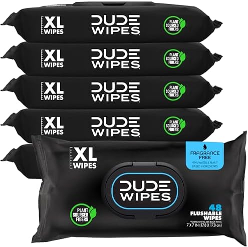 DUDE Wipes Unscented Flushable Wipes - Extra-Large Adult Wet Wipes for Sensitive Skin - 6 Pack (288 Count) - Infused with Vitamin E and Aloe - Septic and Sewer Safe