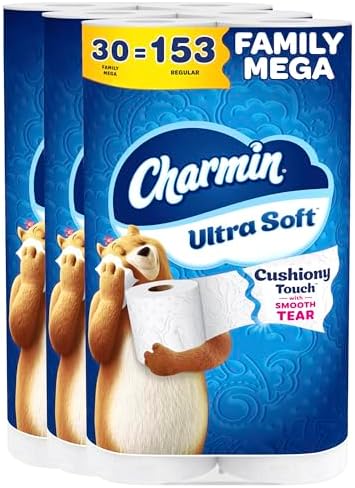 Charmin Ultra Soft Cushiony Touch Toilet Paper, 30 Family Mega = 153 Regular Rolls, 2-Ply, White