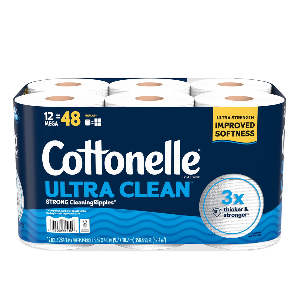 Cottonelle Ultra Clean Toilet Paper, Strong Toilet Tissue, 12 Mega Rolls