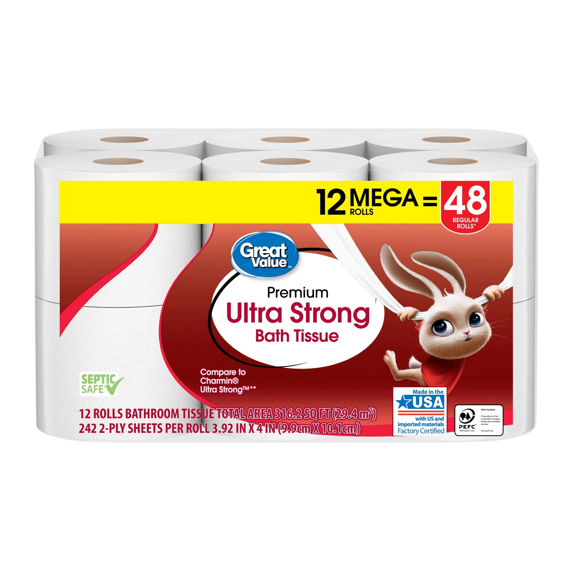 Great Value Ultra Strong 2-Ply Toilet Paper, 6 Mega Rolls, Compare to Charmin® Ultra Strong™