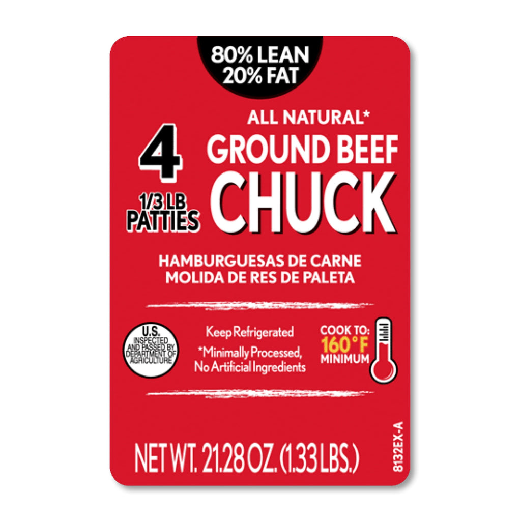 Fresh, All Natural Ground Beef Chuck Patties, 80% Lean, 4 Count, 1.33 lb Tray
