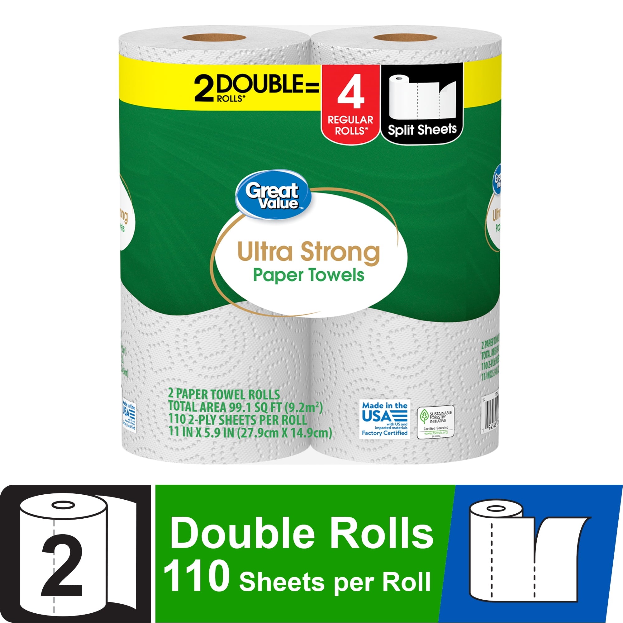 Great Value Ultra Strong Paper Towels, White, 12 Double Rolls, 1320 Sheets
