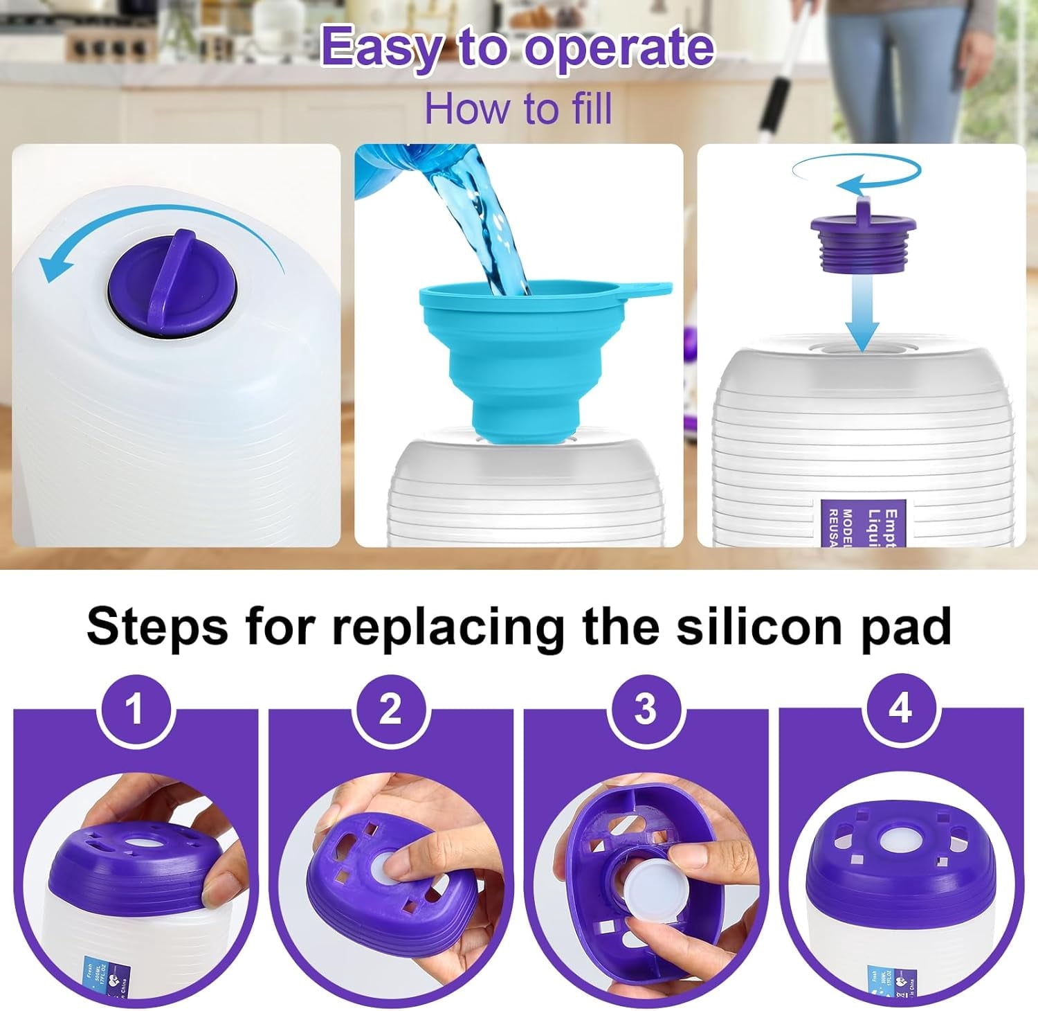 Sunbat Reusable Mop Refill Bottle, 500ML / 17 FL.OZ Container, with 6 Leak-Proof Seal & 1 Funnel