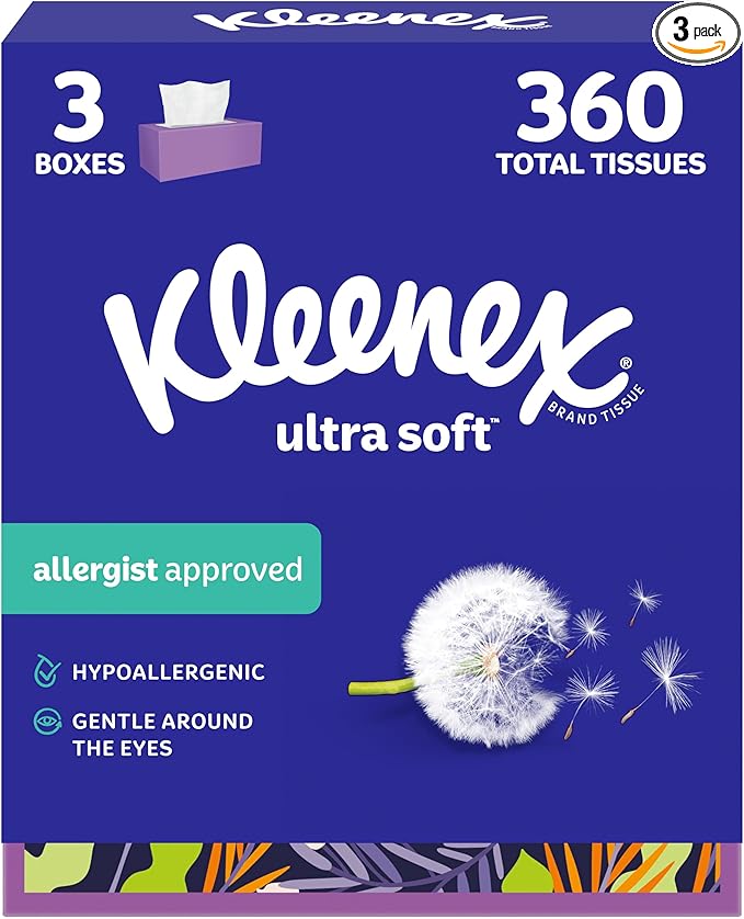 Kleenex Ultra Soft Facial Tissues, 3 Flat Boxes, 120 Tissues per Box, 3-Ply (360 Total), Packaging May Vary