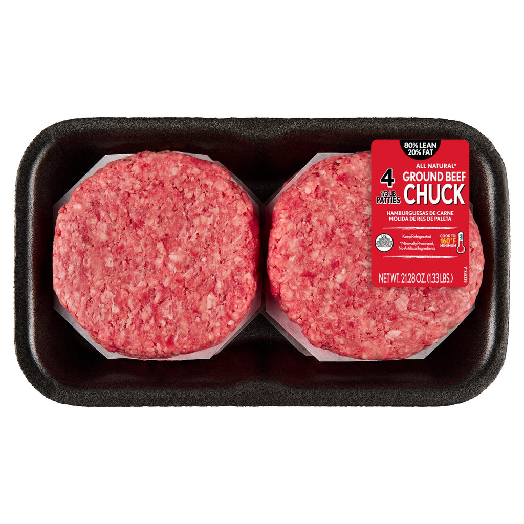 Fresh, All Natural Ground Beef Chuck Patties, 80% Lean, 4 Count, 1.33 lb Tray