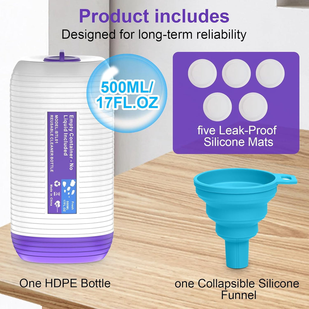Sunbat Reusable Mop Refill Bottle, 500ML / 17 FL.OZ Container, with 6 Leak-Proof Seal & 1 Funnel