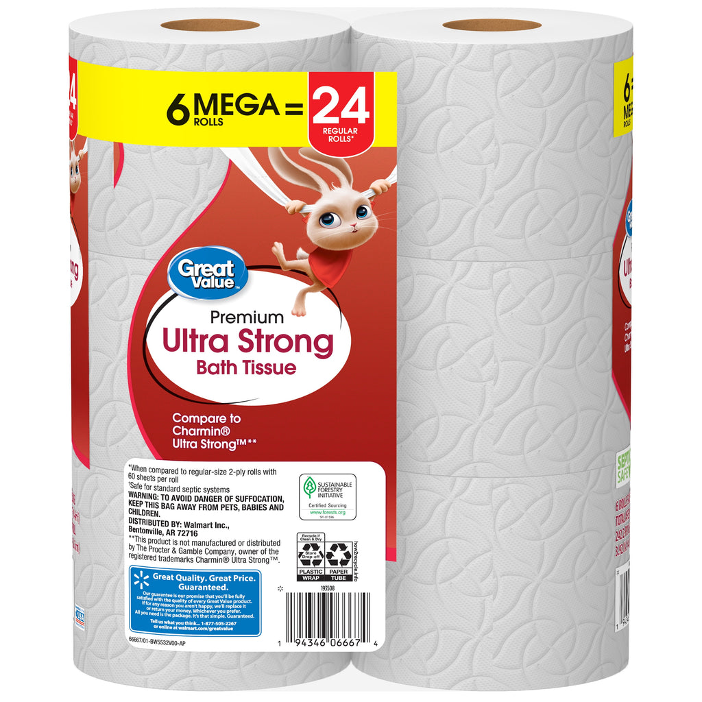 Great Value Ultra Strong 2-Ply Toilet Paper, 6 Mega Rolls, Compare to Charmin® Ultra Strong™