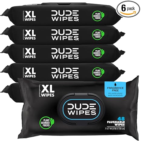 DUDE Wipes Unscented Flushable Wipes - Extra-Large Adult Wet Wipes for Sensitive Skin - 6 Pack (288 Count) - Infused with Vitamin E and Aloe - Septic and Sewer Safe