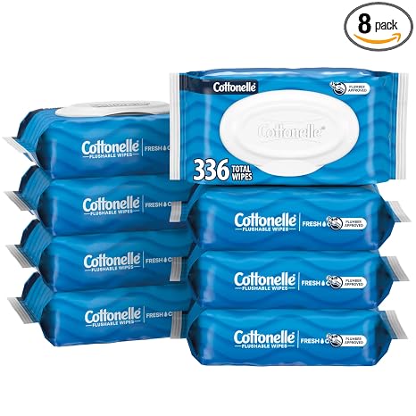 Cottonelle Fresh Feel Flushable Wet Wipes, Adult Wet Wipes, 8 Flip-Top Packs, 42 Wipes Per Pack (336 Total Wipes), Packaging May Vary