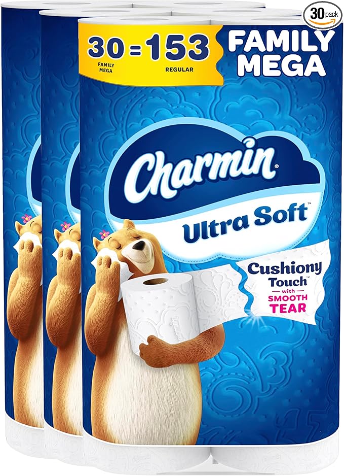 Charmin Ultra Soft Cushiony Touch Toilet Paper, 30 Family Mega = 153 Regular Rolls, 2-Ply, White