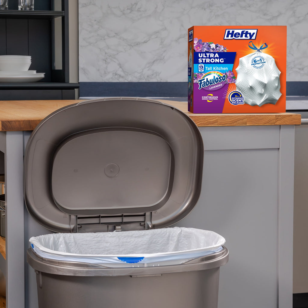 Hefty Ultra Strong 13 Gallon Trash Bags, Tall Kitchen Trash Bags, White, Fabuloso Lavender Scent, 120 Bags