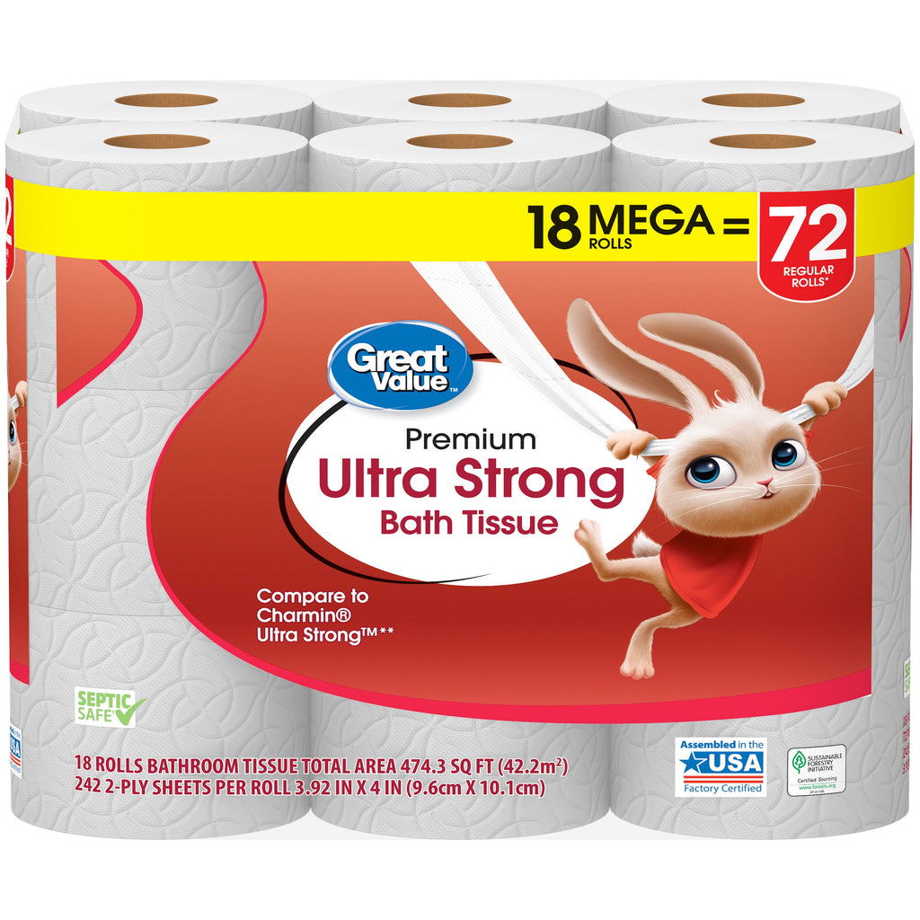 Great Value Ultra Strong 2-Ply Toilet Paper, 6 Mega Rolls, Compare to Charmin® Ultra Strong™