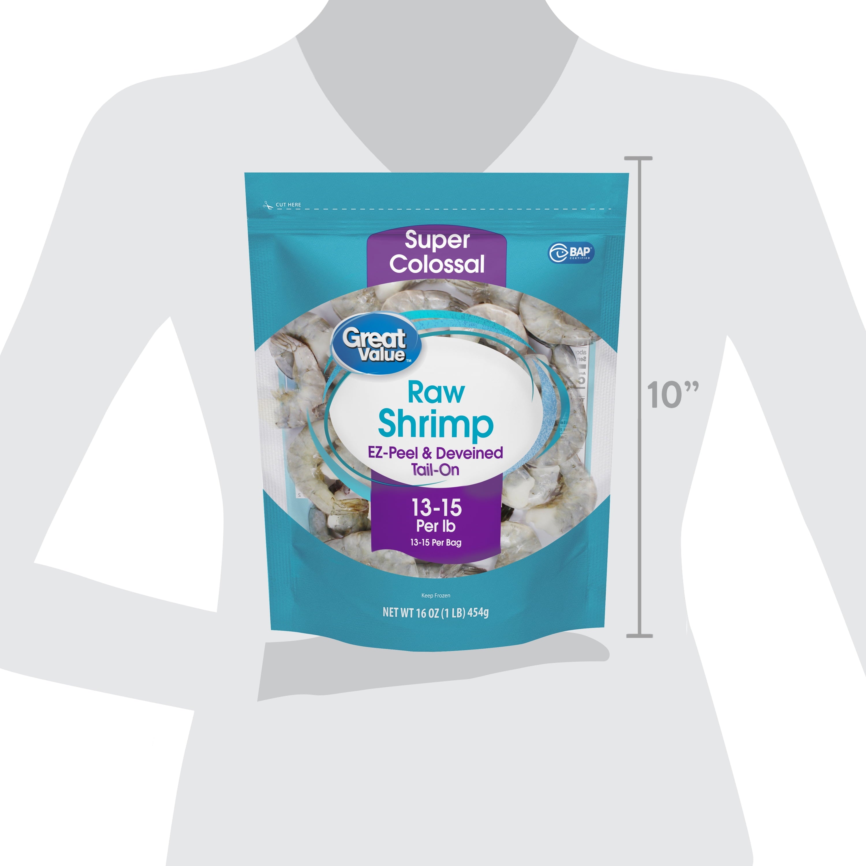 Great Value Frozen Raw Super Colossal Shell-on Tail-on Easy Peel Shrimp, 16 oz Bag (13-15 Count per lb)
