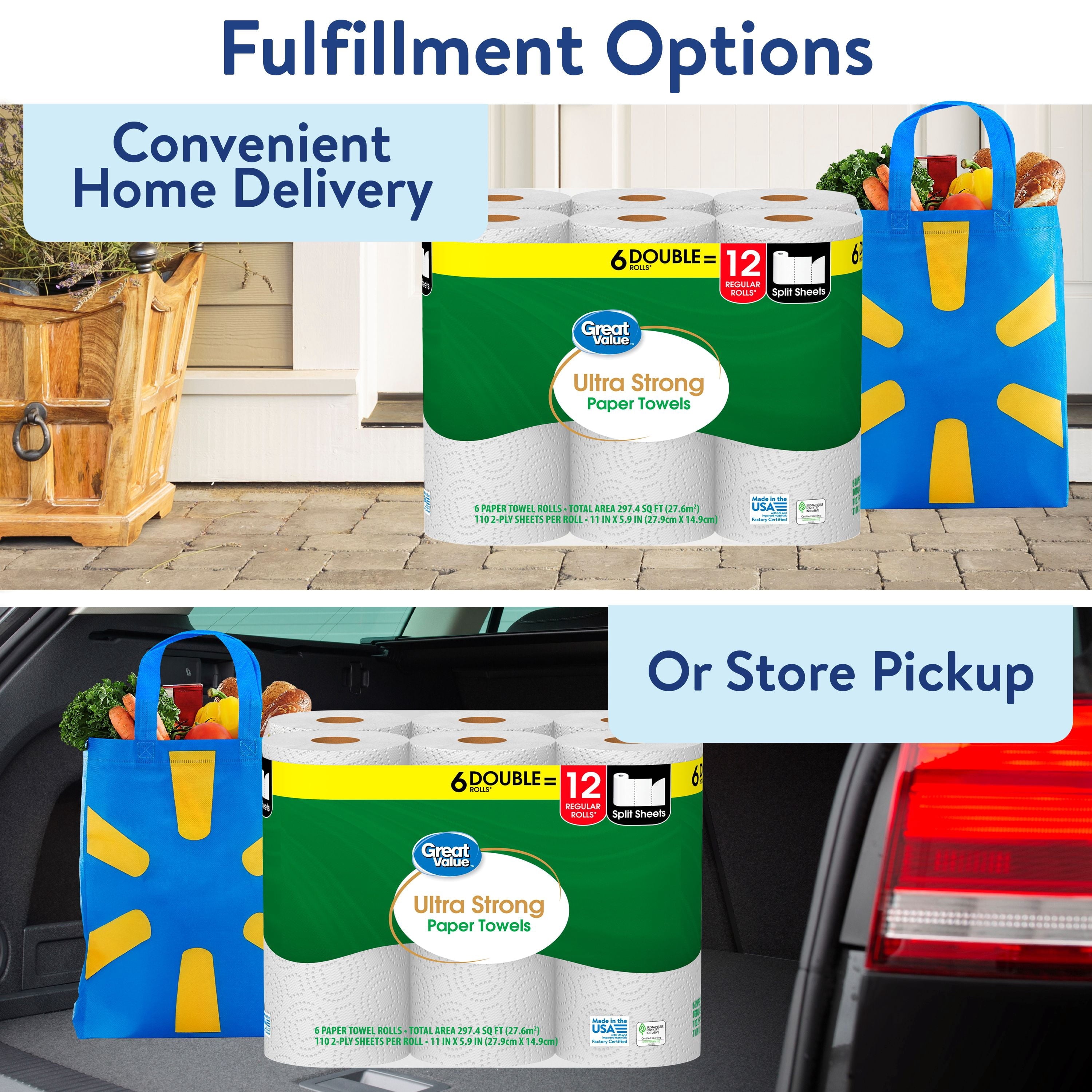 Great Value Ultra Strong Paper Towels, White, 12 Double Rolls, 1320 Sheets