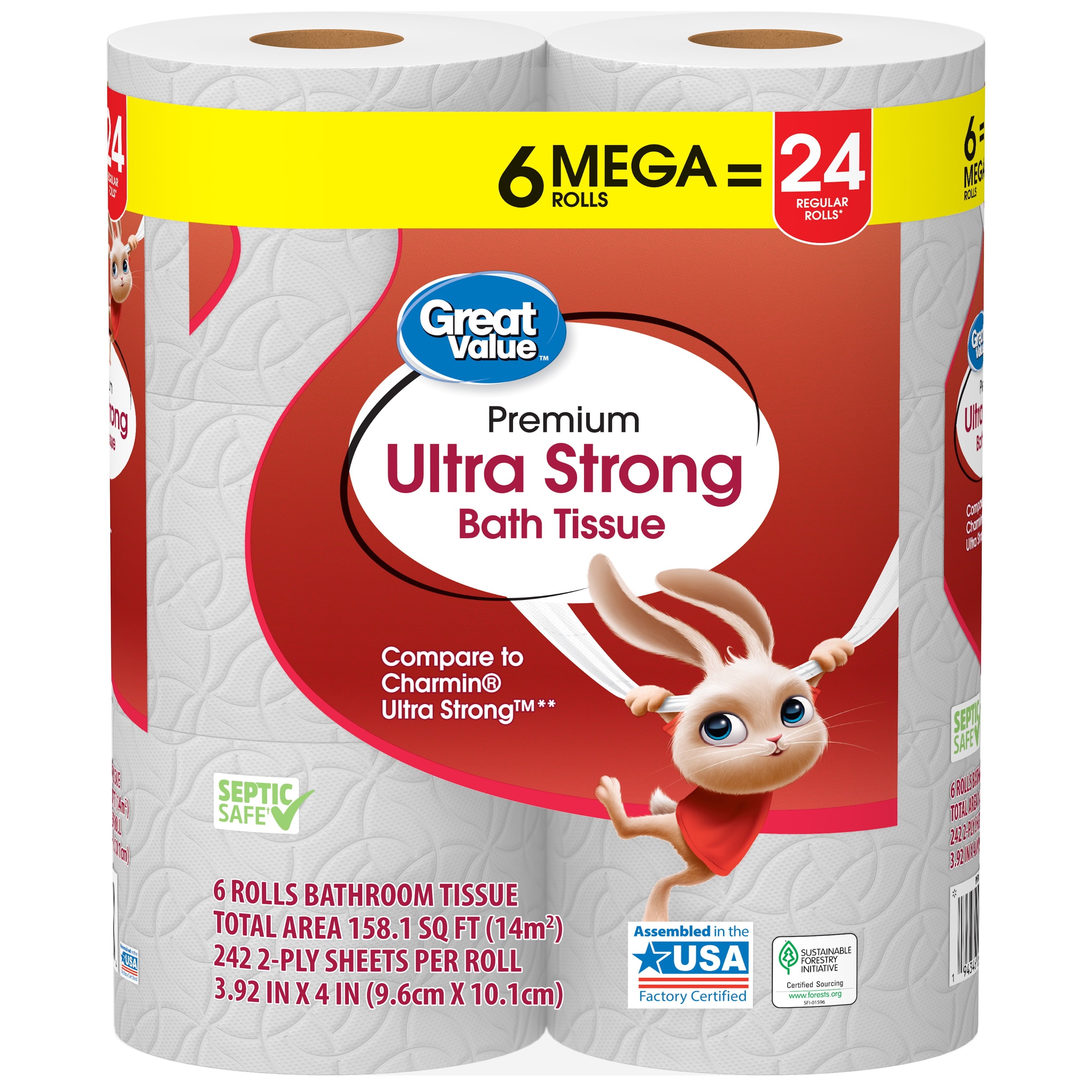 Great Value Ultra Strong 2-Ply Toilet Paper, 6 Mega Rolls, Compare to Charmin® Ultra Strong™