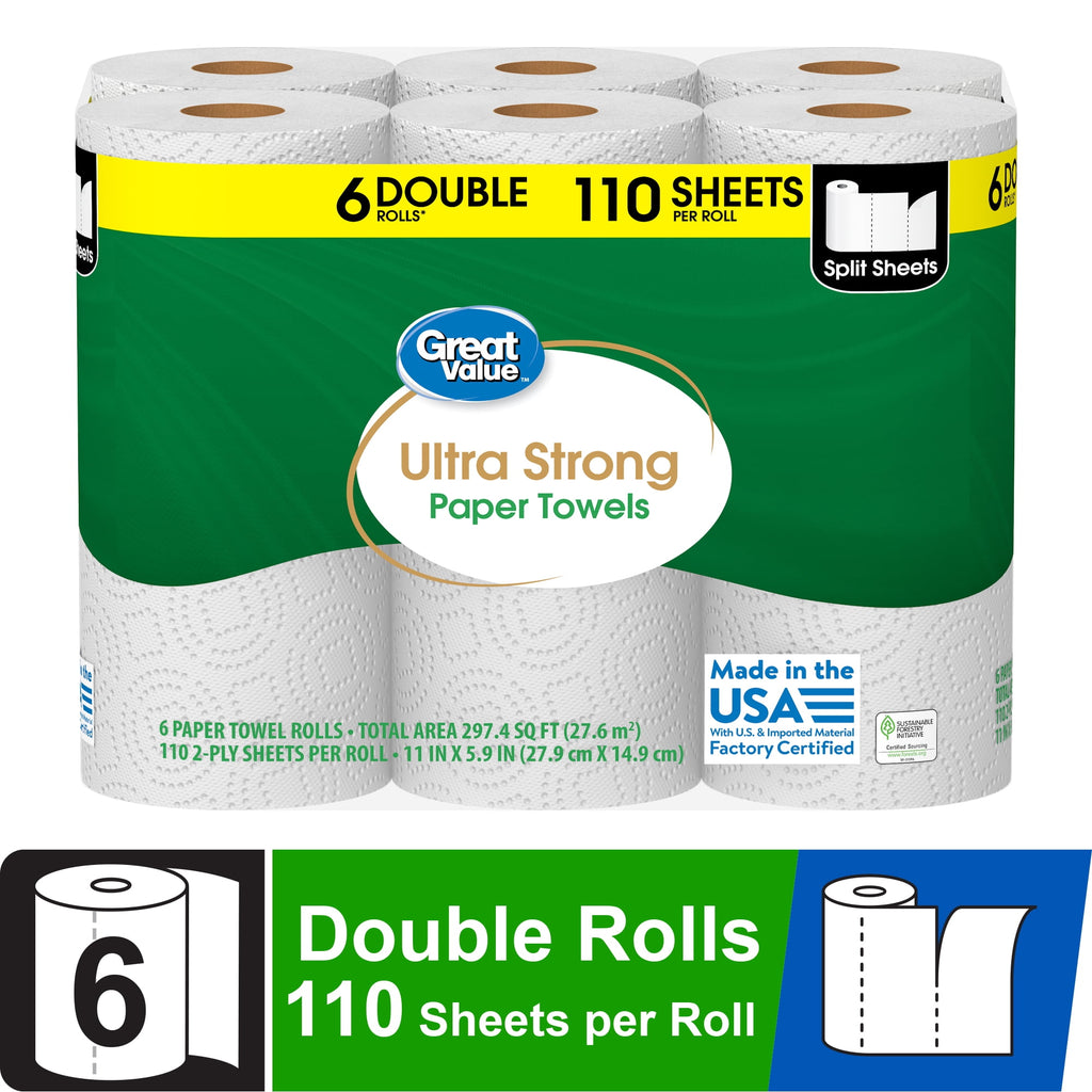 Great Value Ultra Strong Paper Towels, White, 12 Double Rolls, 1320 Sheets