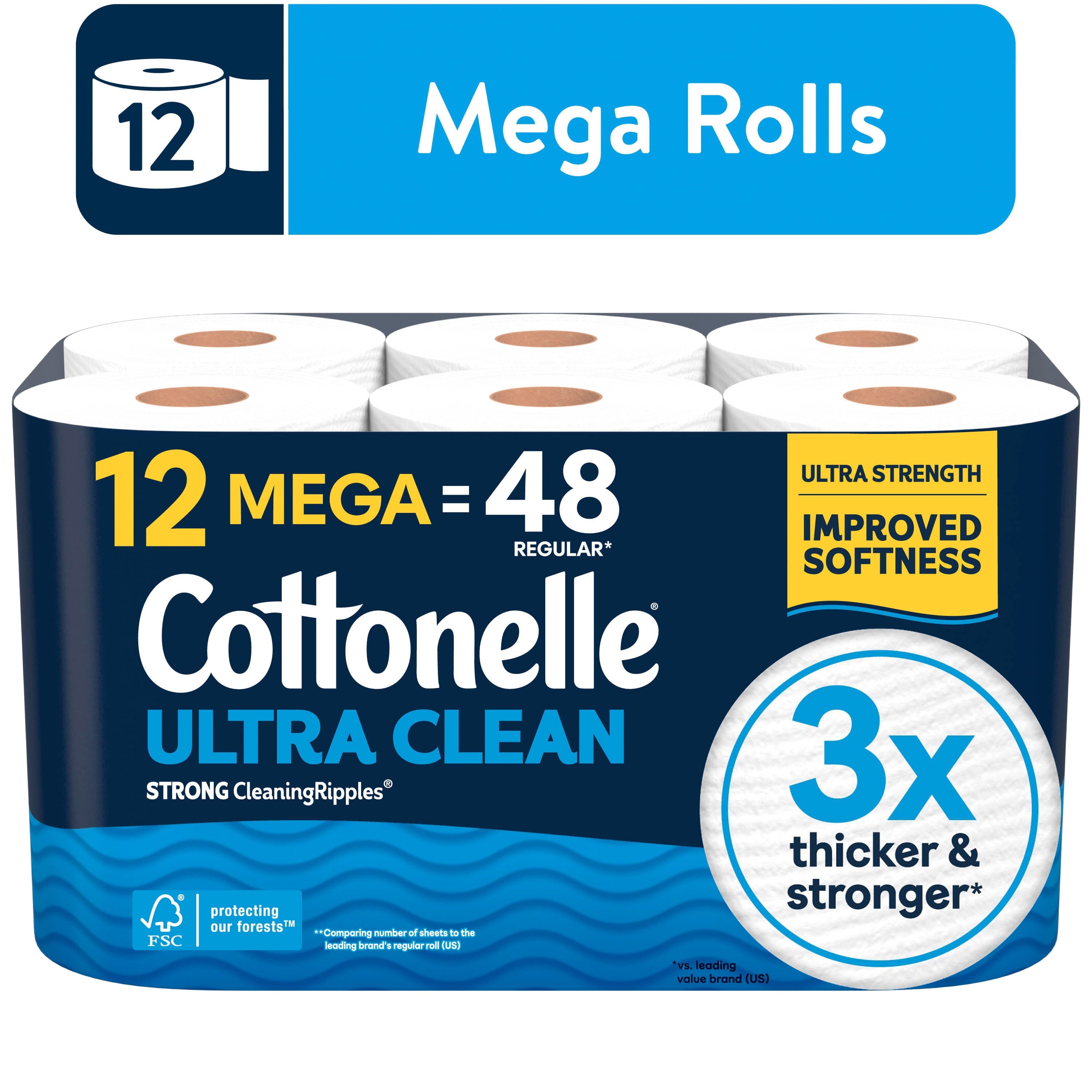 Cottonelle Ultra Clean Toilet Paper, Strong Toilet Tissue, 12 Mega Rolls