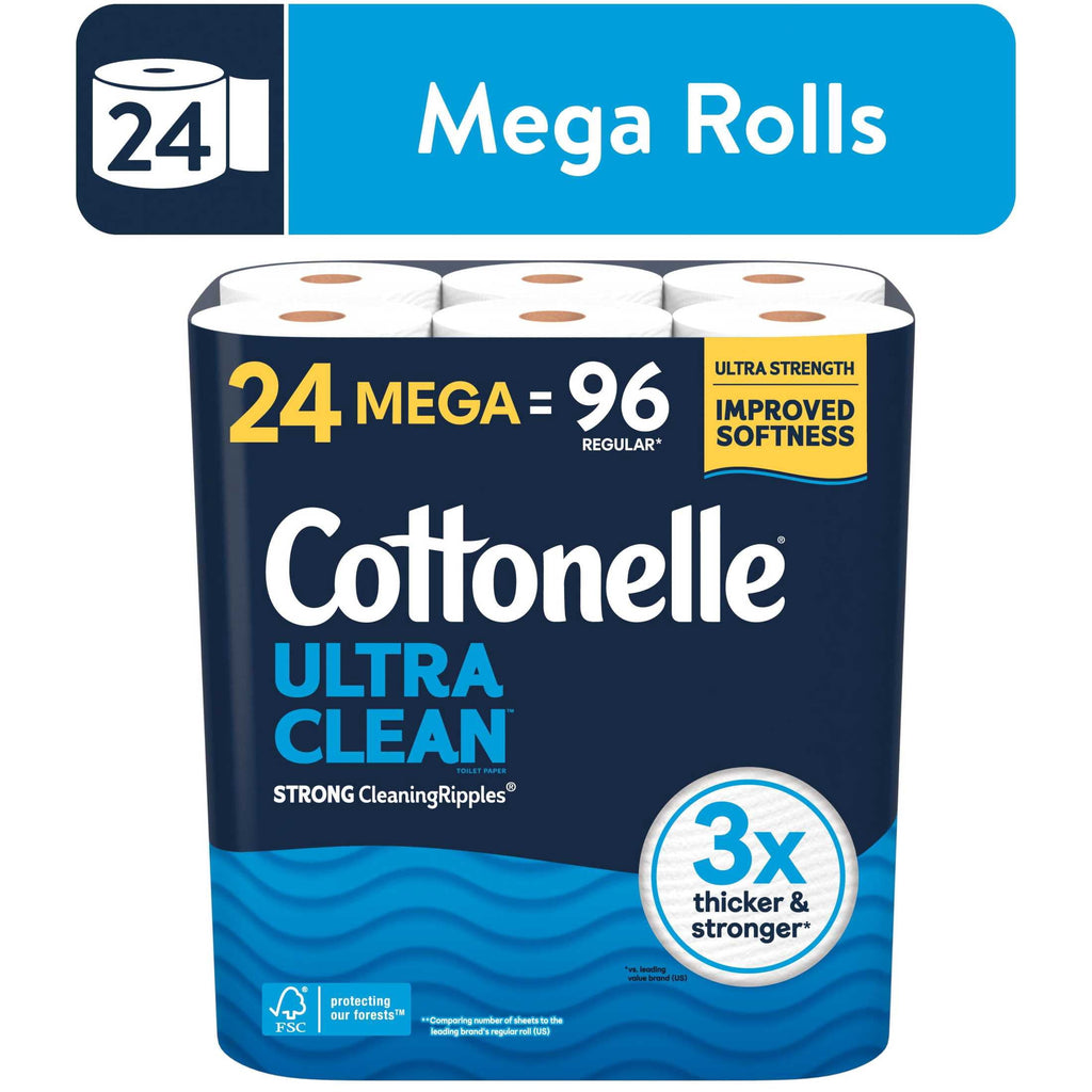 Cottonelle Ultra Clean Toilet Paper, Strong Toilet Tissue, 12 Mega Rolls