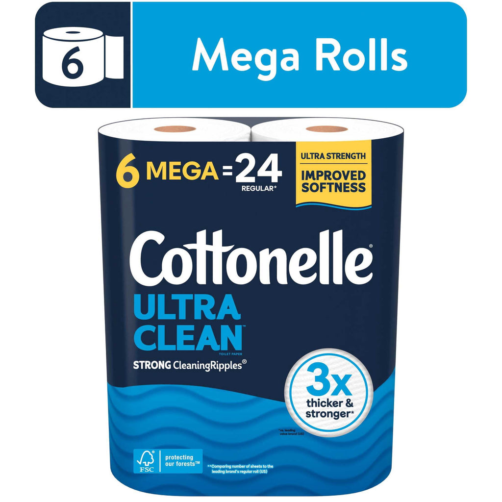 Cottonelle Ultra Clean Toilet Paper, Strong Toilet Tissue, 12 Mega Rolls