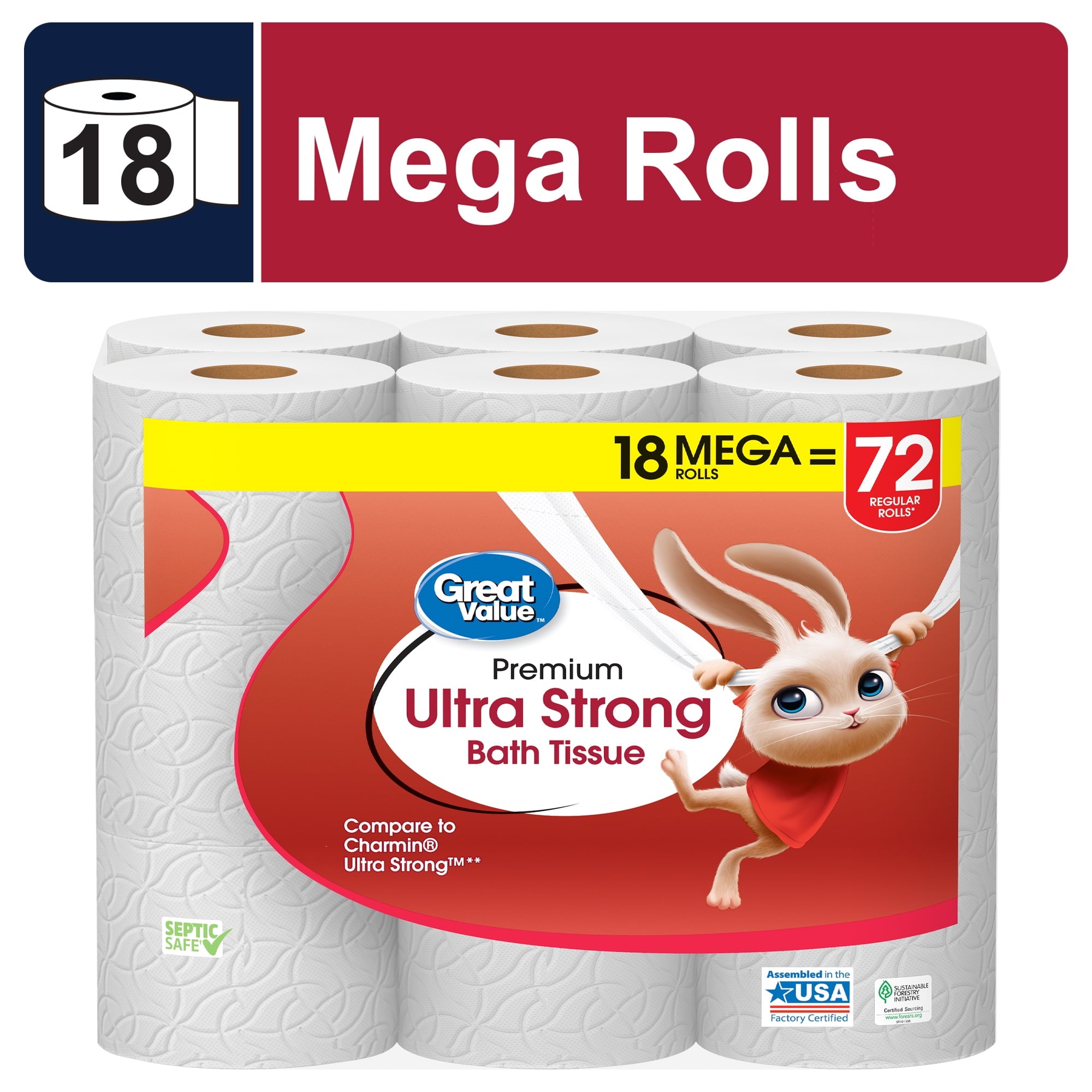 Great Value Ultra Strong 2-Ply Toilet Paper, 6 Mega Rolls, Compare to Charmin® Ultra Strong™