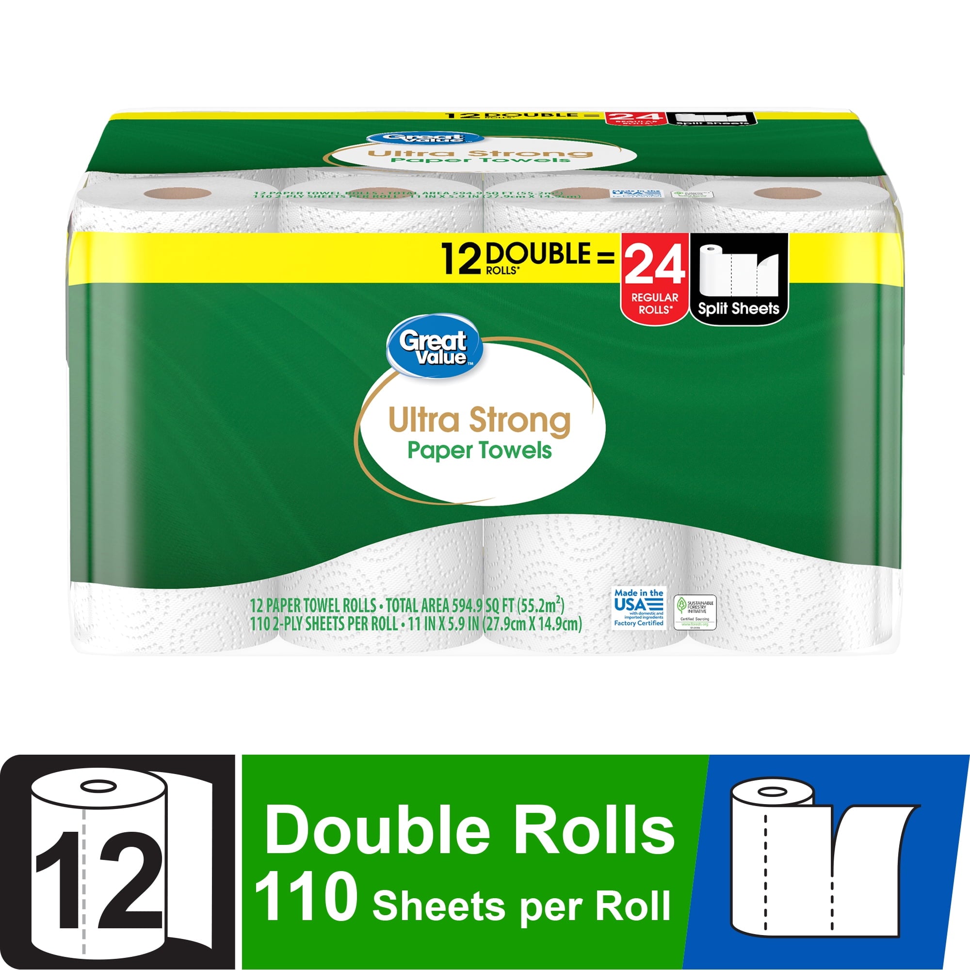 Great Value Ultra Strong Paper Towels, White, 12 Double Rolls, 1320 Sheets