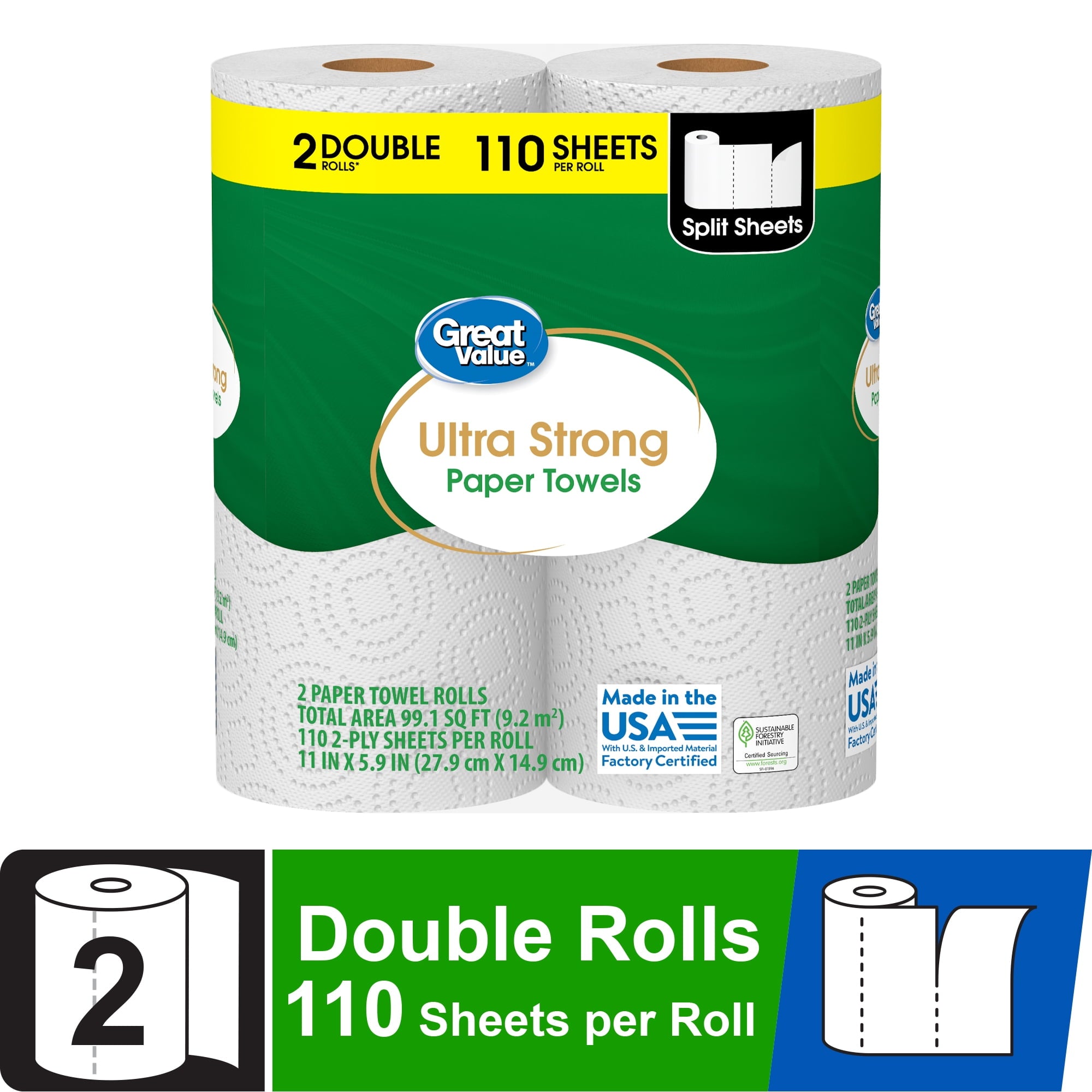 Great Value Ultra Strong Paper Towels, White, 12 Double Rolls, 1320 Sheets