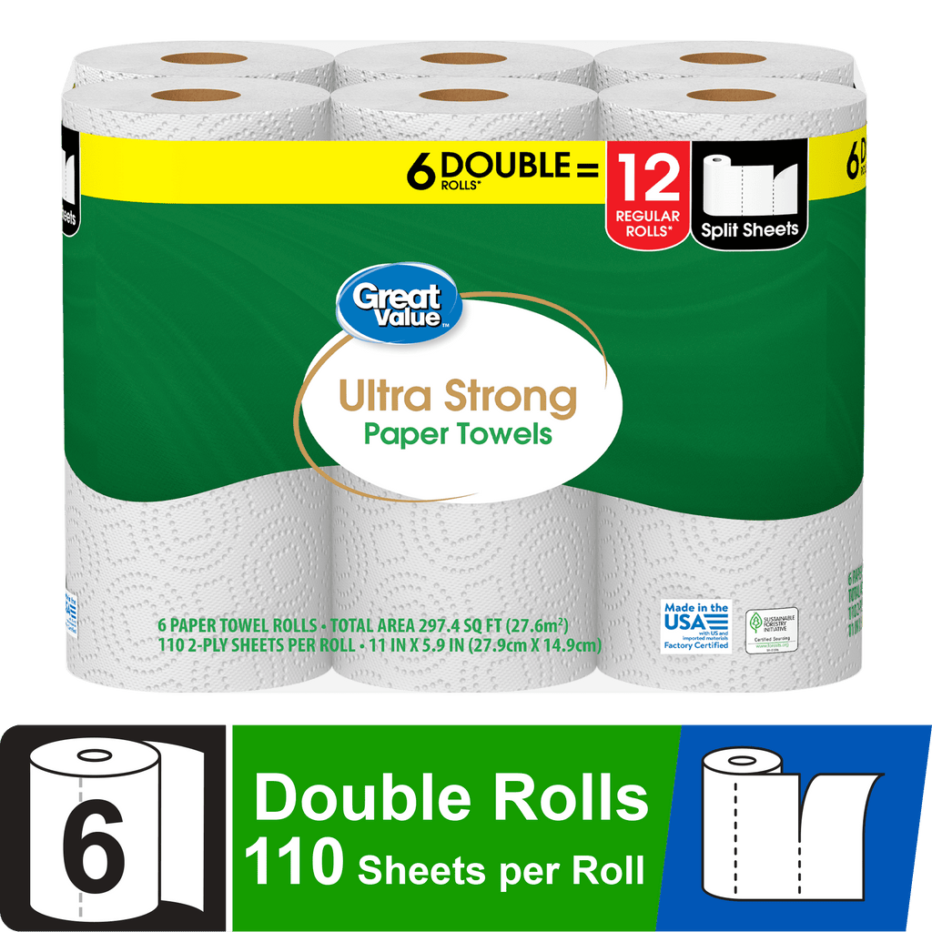 Great Value Ultra Strong Paper Towels, White, 12 Double Rolls, 1320 Sheets