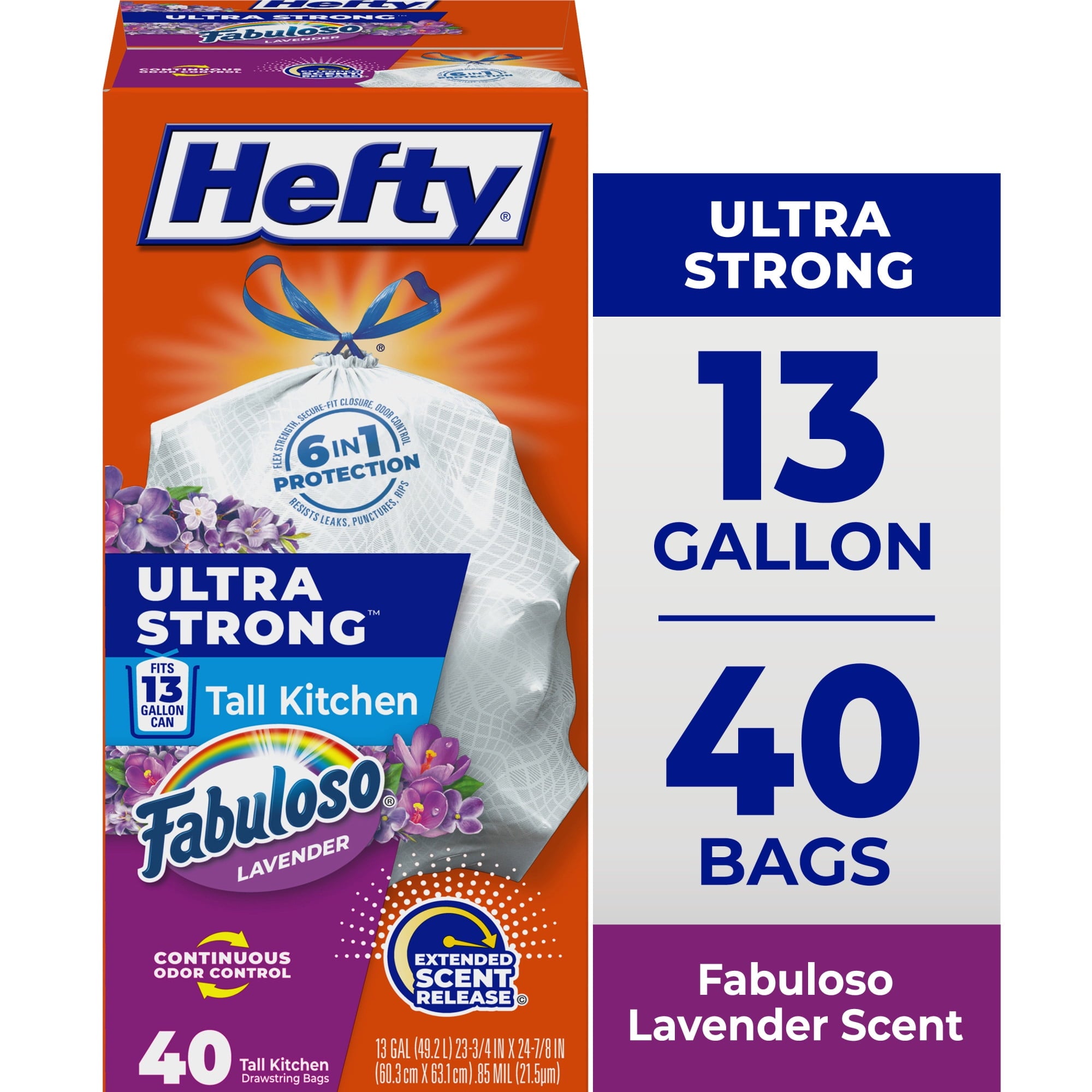 Hefty Ultra Strong 13 Gallon Trash Bags, Tall Kitchen Trash Bags, White, Fabuloso Lavender Scent, 120 Bags