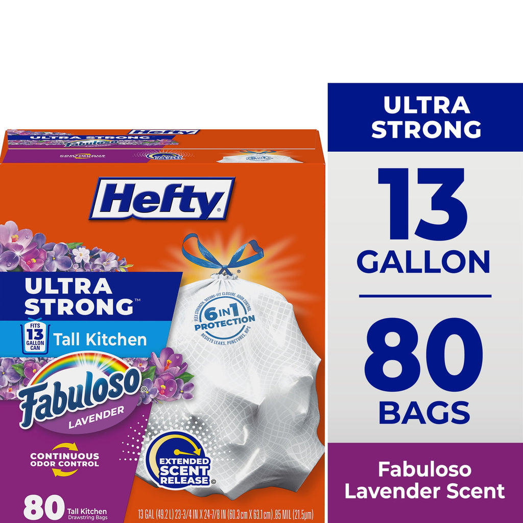 Hefty Ultra Strong 13 Gallon Trash Bags, Tall Kitchen Trash Bags, White, Fabuloso Lavender Scent, 120 Bags