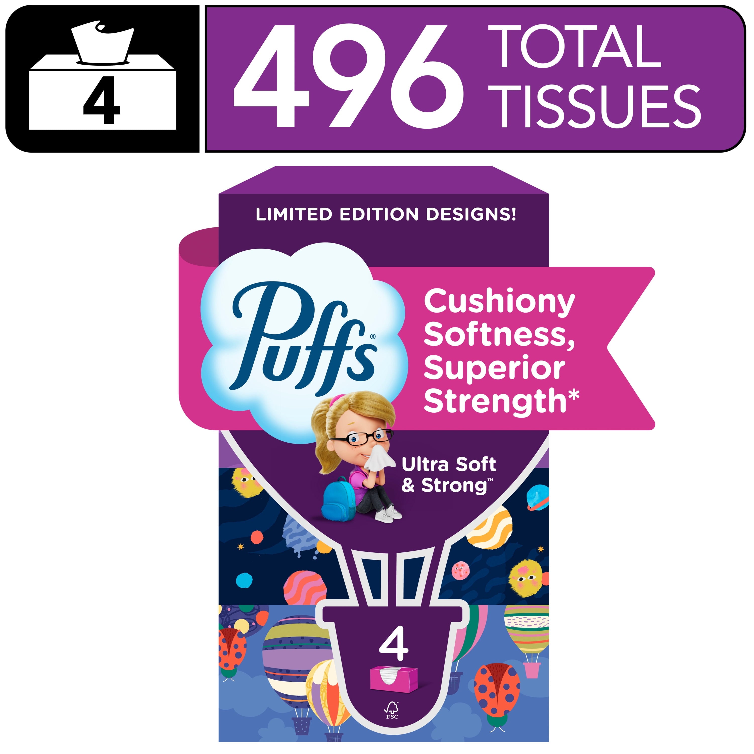 Puffs Ultra Soft Facial Tissues, Back-to-School Exclusive, 4 Rectangle Boxes, 124 Facial Tissues Per Box