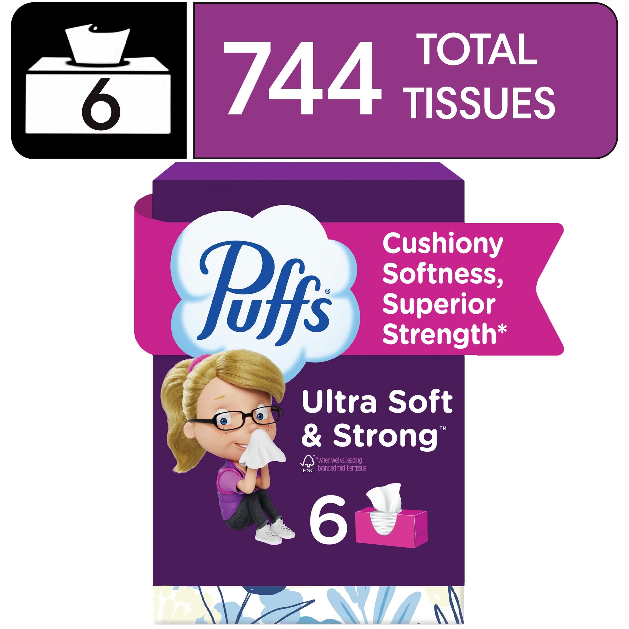 Puffs Ultra Soft Facial Tissues, Back-to-School Exclusive, 4 Rectangle Boxes, 124 Facial Tissues Per Box