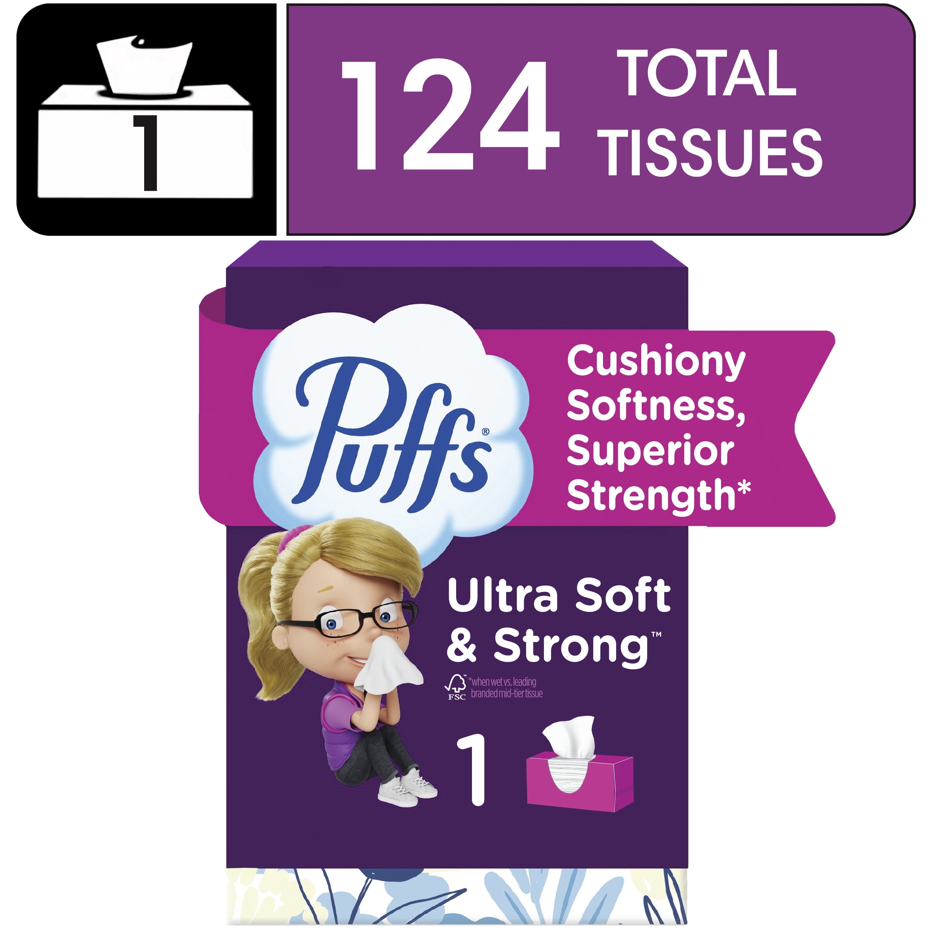 Puffs Ultra Soft Facial Tissues, Back-to-School Exclusive, 4 Rectangle Boxes, 124 Facial Tissues Per Box