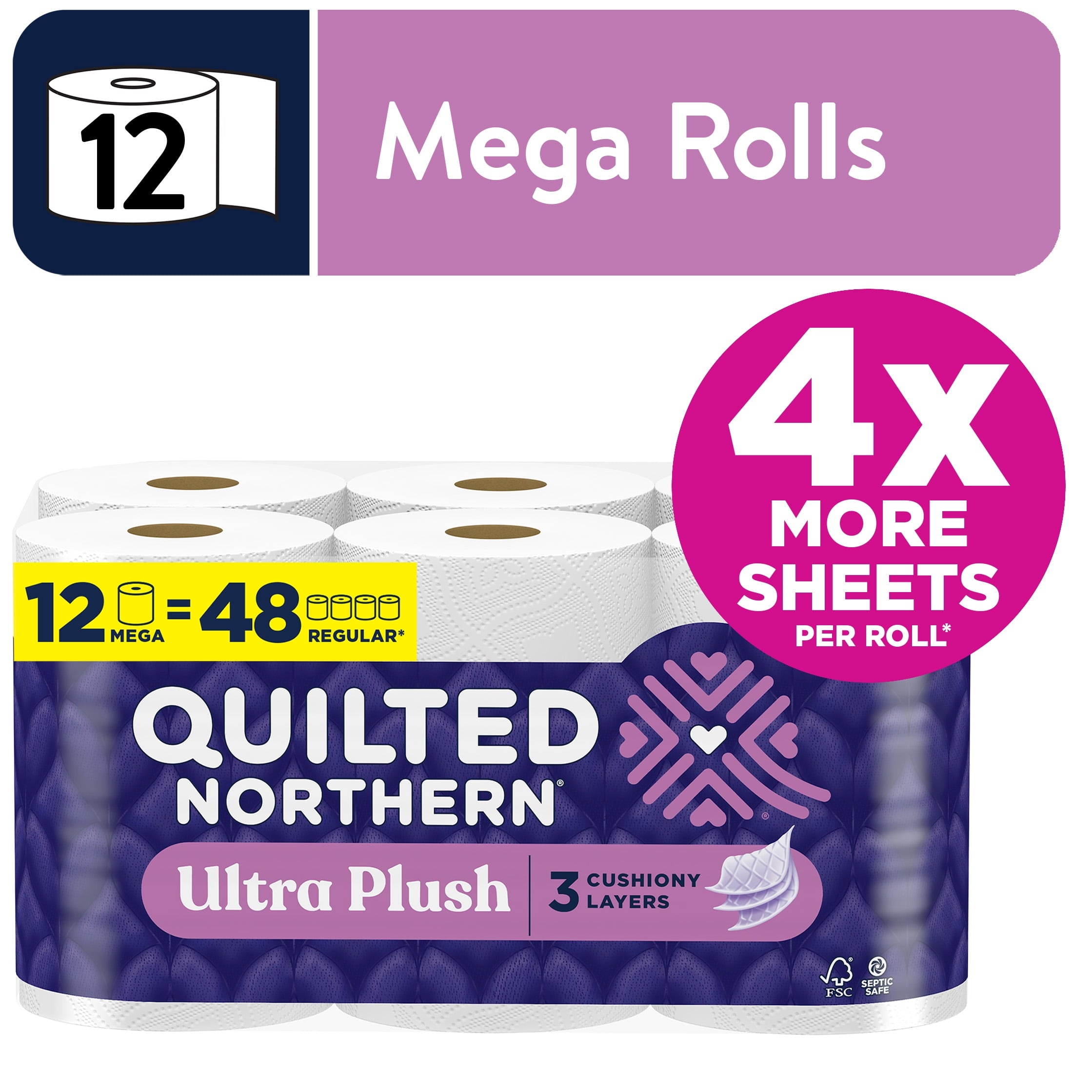 Quilted Northern Ultra Plush 3-Ply Toilet Paper, 12 Mega Rolls, 255 Sheets per Roll