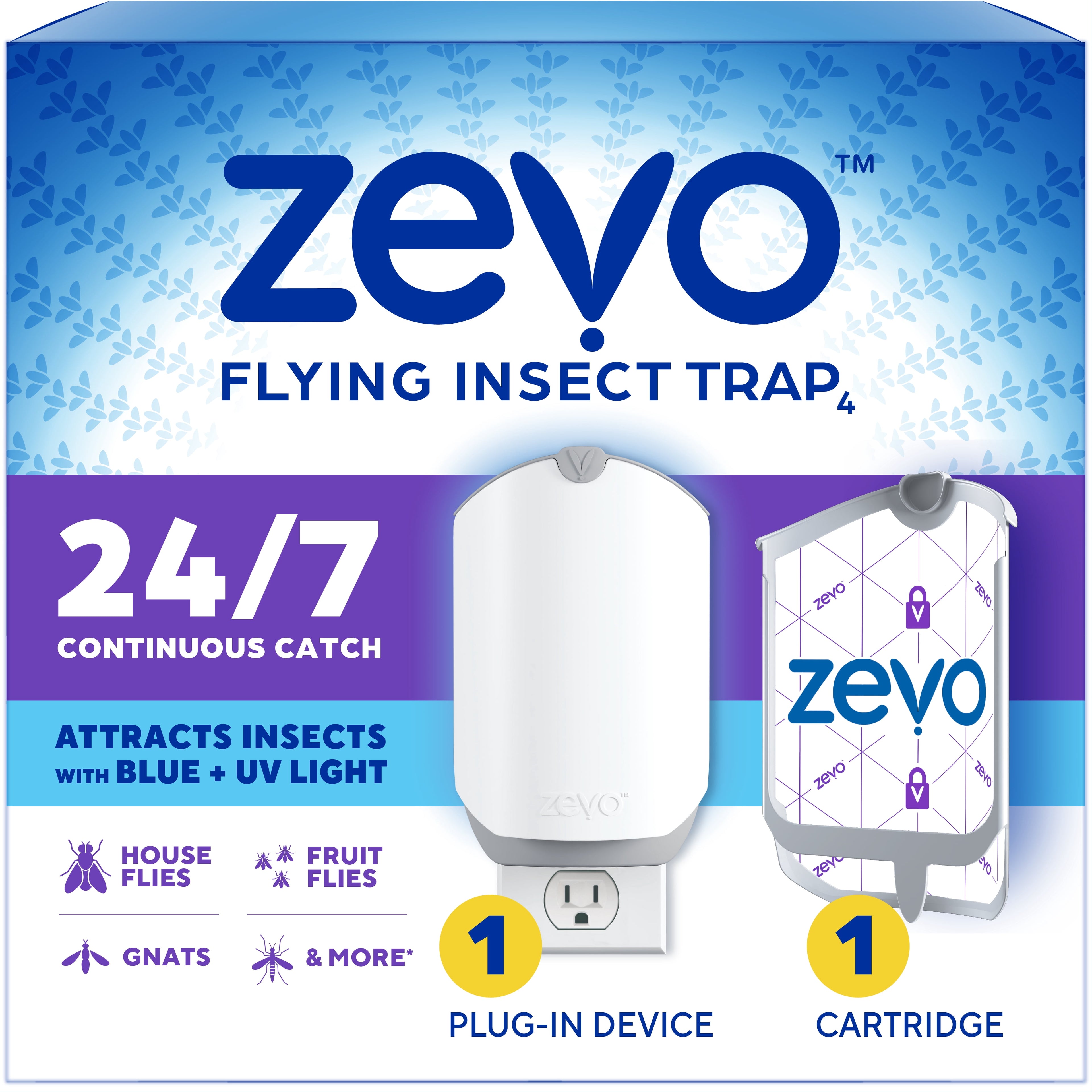 Zevo Flying Insect Indoor Fly Trap Full Size: Easy, Mess-Free Solution - Light Trap Catches & Kills House Flies, Fruit Flies, Gnats, & More (1 Plug in Device & 1 Cartridge)
