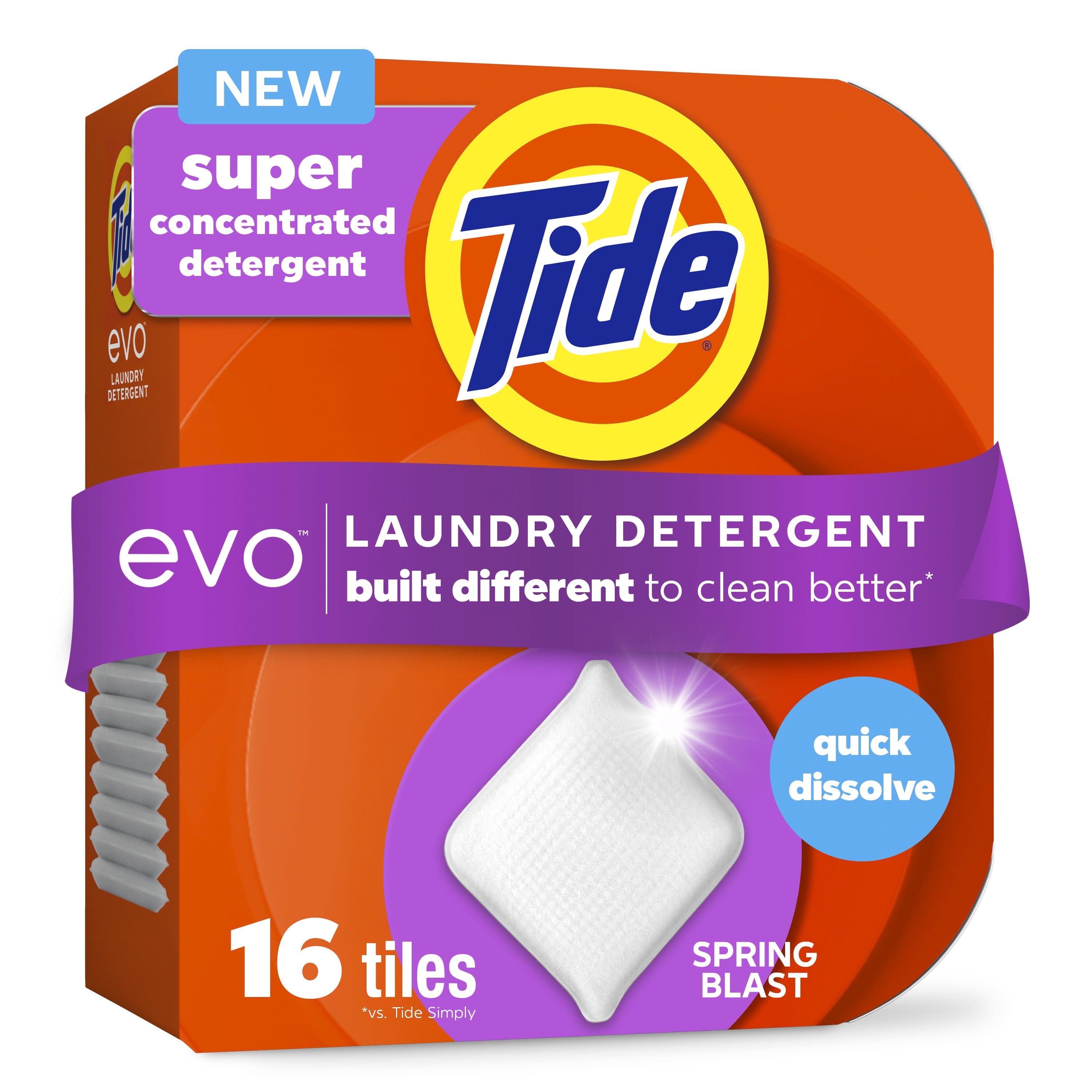 (4 pack) Tide Evo Laundry Detergent Tiles, 100% Concentrated, 6X Cleaning Power, Spring Blast Scent, 16 Count